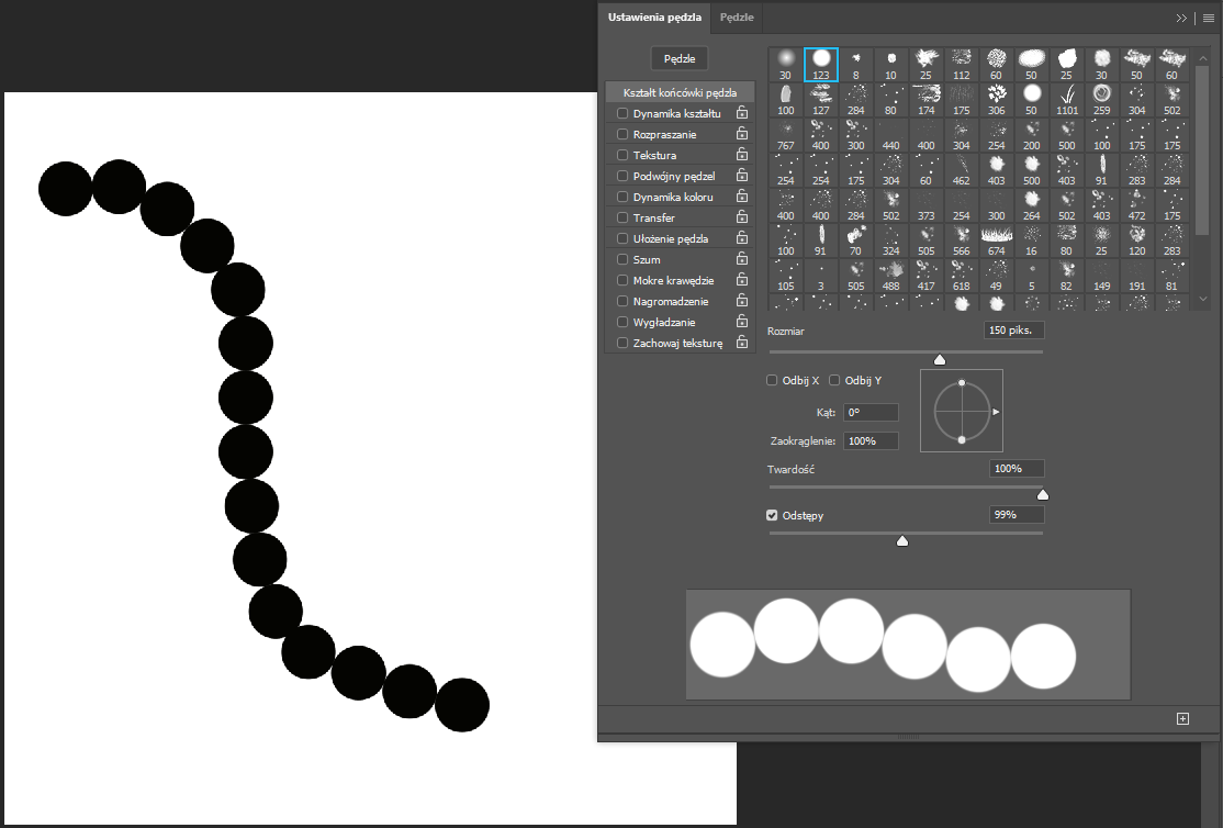 Ilustracja przedstawia okno z wyborem pędzli. Zaznaczono kształt pędzla w postaci białej kropki o numerze 123. Następnie zaznaczono odstępy 99 procent, poniżej odstępów jest wzór falowany zbudowany z białych kół. Po lewej stronie okna na białym tle są stykające się ze sobą czarne koła, tworzą kształt fali.    