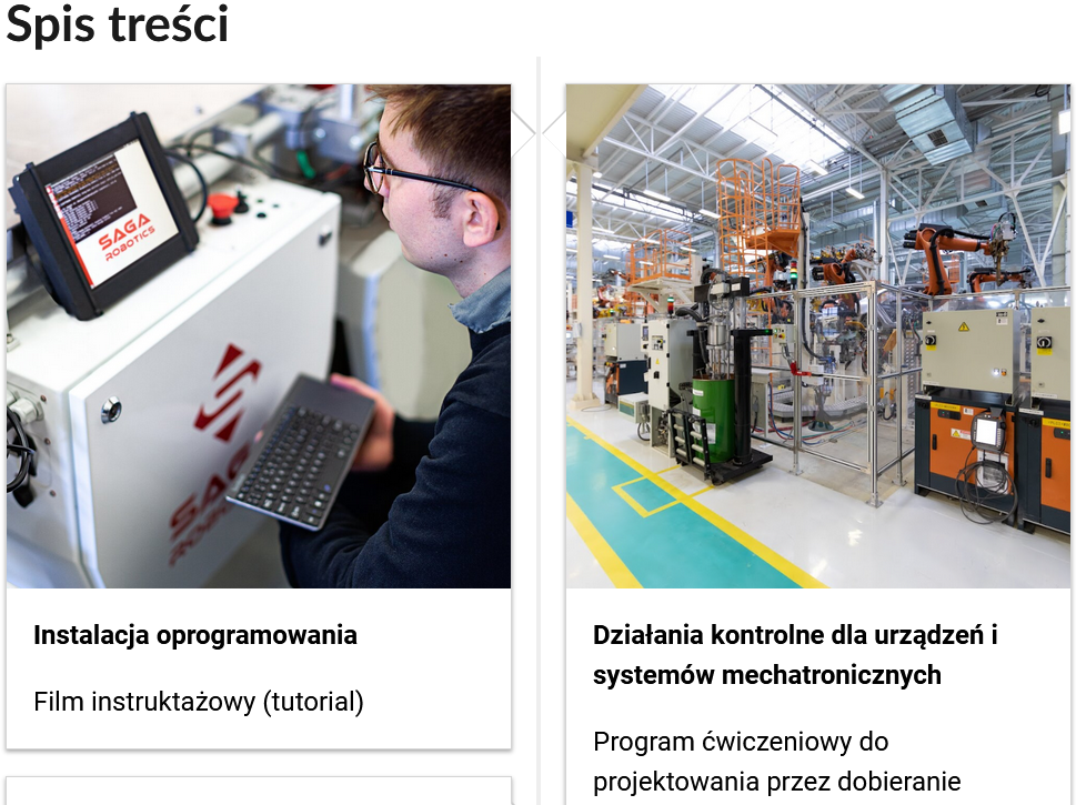 Grafika przedstawia dwa kafelki ze spisu treści. Są umiejscowione obok siebie. Pierwszy od lewej: Zdjęcie okładkowe, poniżej napis: Instalacja programowania. Niżej napis: Film instruktażowy (tutorial). Drugi: zdjęcie okładkowe, poniżej tytuł. Działania kontrolne urządzeń i systemów mechatronicznych. Niżej: Program ćwiczeniowy do projektowanie przez dobieranie.