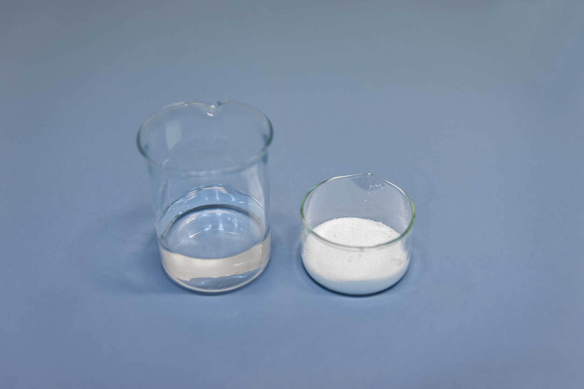 Na zdjęciu widać zlewkę ze stu gramami wody. Obok niej, w szklanym naczyniu wagowym lub szkiełku zegarkowym, znajduje się trzydzieści sześć gram chlorku sodu.