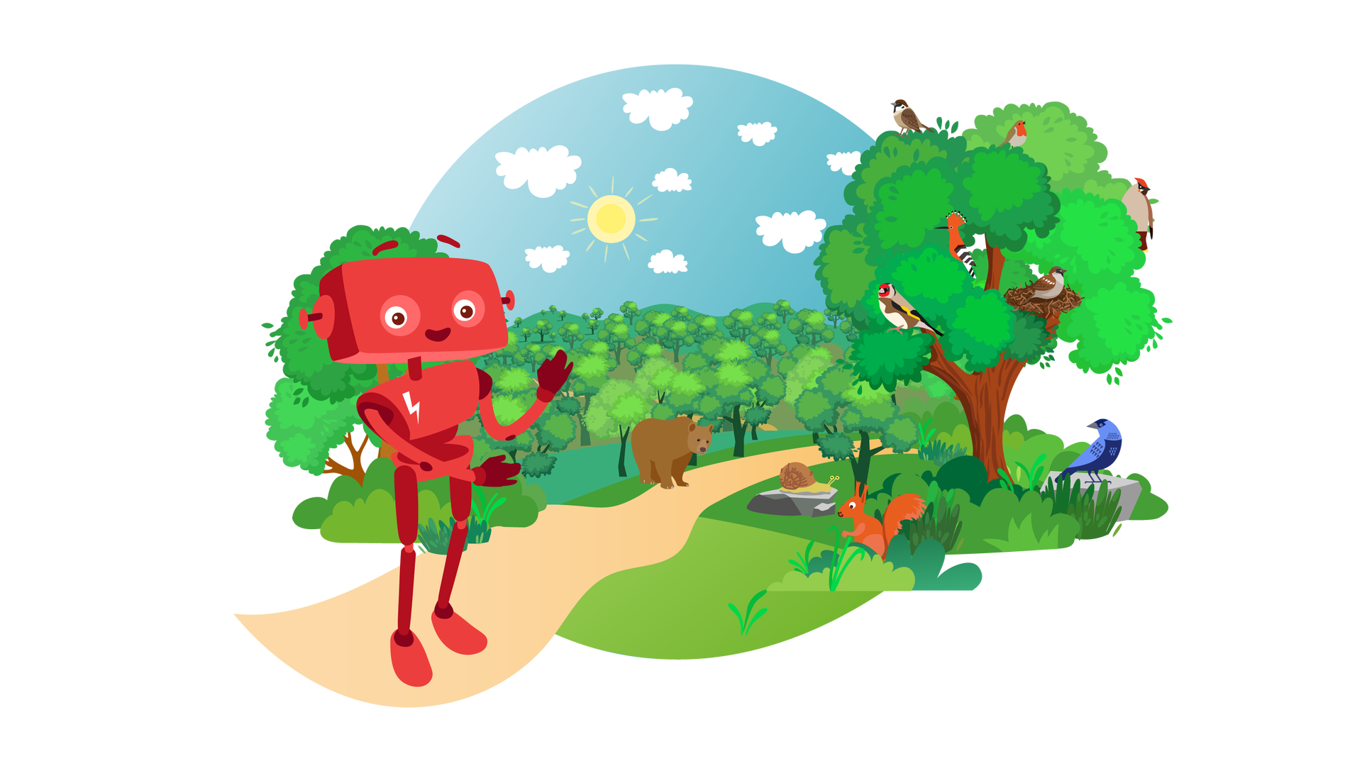 Ilustracja przedstawia teren porośnięty zielenią. W tle widać błękitne niebo ze słońcem i jasnymi chmurami. Po lewej stronie, nieco w oddali, rozciąga się las liściasty. Po prawej stronie stoi pojedyncze, duże drzewo liściaste, na którym siedzi sześć ptaków. Pierwszy z nich to szczygieł. Ma biały brzuszek, żółto‑czarne skrzydła, czerwone upierzenie na głowie i brązowe na grzbiecie oraz pod skrzydłami. Drugi ptak to mazurek. Ma czarno‑białe upierzenie na szyi, ciemnobrązowe na głowie i skrzydłach oraz jasnobrązowe na grzbiecie i brzuchu. Trzeci ptak to dudek. Jest pomarańczowy i ma czarno‑białe skrzydła oraz czubek. Czwartym ptakiem jest rudzik. Ma czerwone upierzenie na szyi, jasnobrązowe na brzuchu i brązowe na grzbiecie i skrzydłach. Piątym ptakiem jest wróbel. Ma jasnobrązowe upierzenie na brzuchu i brązowe na grzbiecie, głowie oraz skrzydłach. Siedzi w gnieździe. Szósty ptak to dziwonia. Ma czerwony czubek na głowie, jasnobrązowe upierzenie na brzuchu oraz brązowe na skrzydłach i grzbiecie. Pod drzewem leżą dwa szare kamienie. Po jednym z nich idzie duży ślimak, a na drugim siedzi wrona. To ptak o szaroniebieskim upierzeniu. Nieco bliżej, wśród wysokiej trawy, siedzi pomarańczowa wiewiórka. Środkiem ilustracji biegnie beżowa ścieżka, na środku której stoi brązowy niedźwiedź. W lewym dolnym rogu ilustracji stoi na ścieżce uśmiechnięty Zgrzytek. Jest to czerwony robot o prostokątnej głowie z krótkimi antenkami zamiast uszu, dwiema rękami i dwiema nogami. Na przedniej części jego tułowia widnieje biały znaczek w postaci błyskawicy.