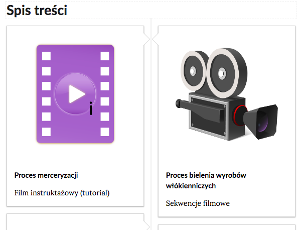 Grafika przedstawia fragment spisu treści. Spis składa się z dwóch ramek. W lewej ramce schematyczny rysunek kliszy filmowej. Poniżej tytuł: Proces merceryzacji. Film instruktażowy (tutorial). W ramce po prawej stronie rysunek kamery filmowej. Poniżej tytuł: Proces bielenia wyrobów włókienniczych. Sekwencje filmowe. 