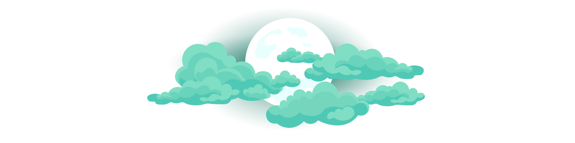 Ilustracja przedstawia duży, okrągły Księżyc otoczony turkusowymi chmurami.