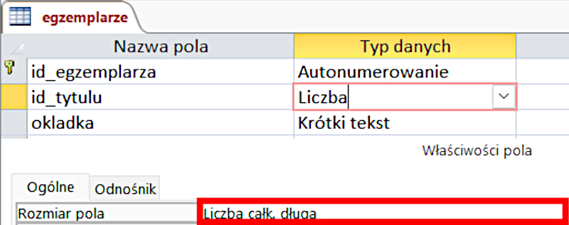 Ilustracja przedstawia zmianę rozmiaru pola tabeli w programie MS Access. Tabela ma dwie kolumny: Nazwa pola oraz Typ danych. W Typie danych zaznaczono pole o nazwie Liczba, obok nazwy strzałka skierowana w dół. Poniżej zaznaczono Liczba całk. długa.   