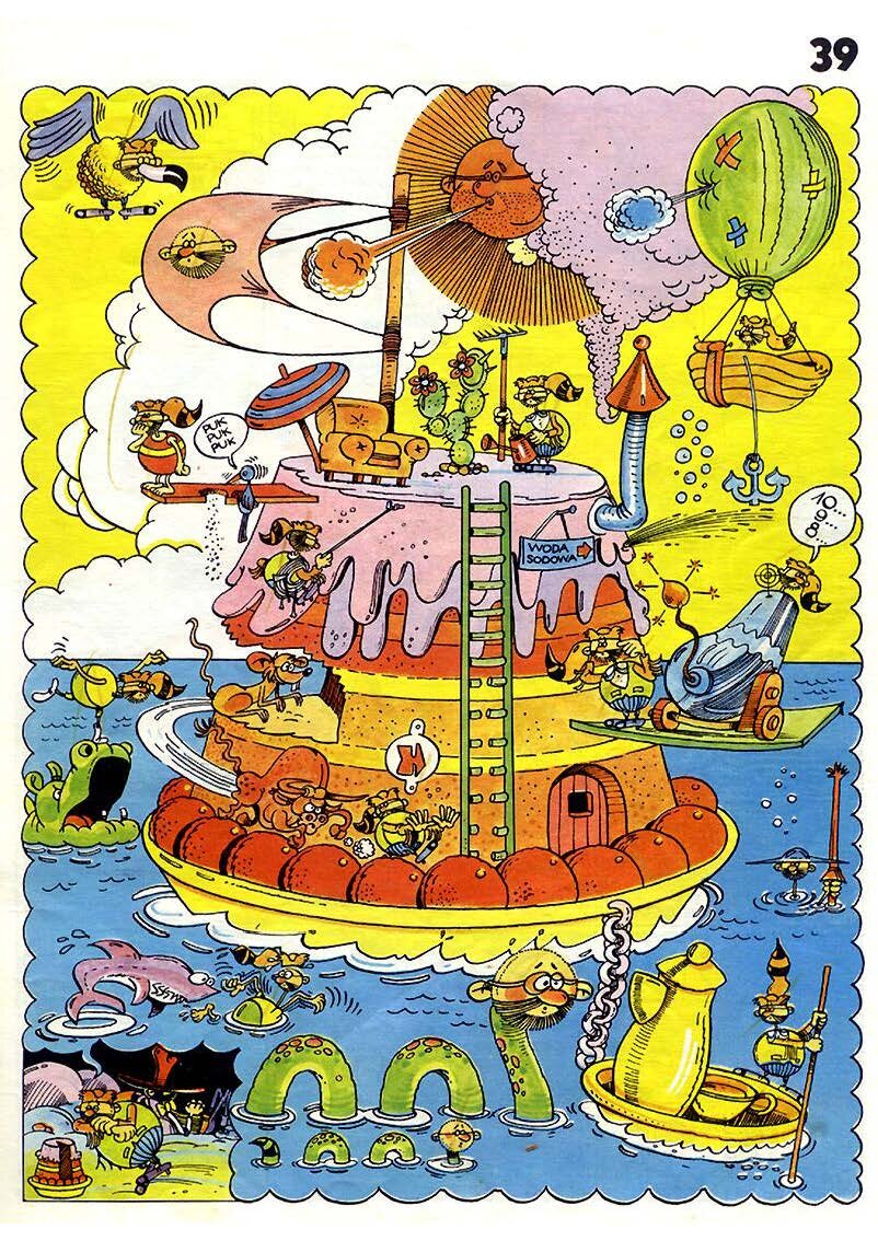 Kolorowa ilustracja przedstawia wielki tort‑domek, unoszący się na wodzie. Na jego szczycie stoi fotel, plażowy parasol, kaktus i żagiel, w który dmucha pomarańczowe słońce o ludzkiej twarzy. Po bokach widać trampolinę, długą drabinę i armatę. Wokół latają i pływają: zwierzęta (rekin, hipopotam) oraz dziwne stworzenia, które mają ciało zwierzaka (wąż, ptak) i głowę człowieka. Ponadto na domku, trampolinie, obok armaty, w wodzie, na dryfującej tacy z filiżanką i dzbankiem, lecącej łódce doczepionej do balona, widać tę samą postać - zabawnie wyglądającego, mężczyznę z korpusem w kształcie kulki, w okularach, brodzie i futrzanej czapce. Całość stanowi sen umieszczonej w lewym dolnym rogu, drzemiącej na poduszce postaci (brodatego mężczyzny w okularach i futrzaną czapką na głowie, którego widać wielokrotnie w górnej części ilustracji), obok stoi częściowo zjedzony tort. 