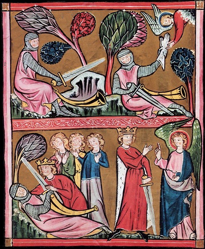 Karol Wielki Miniatury z Rękopisu z St. Gallen (Szwajcaria) Źródło: Karol Wielki, koniec XIII wieku, Stadtsbibliothek (Vadiana), domena publiczna.