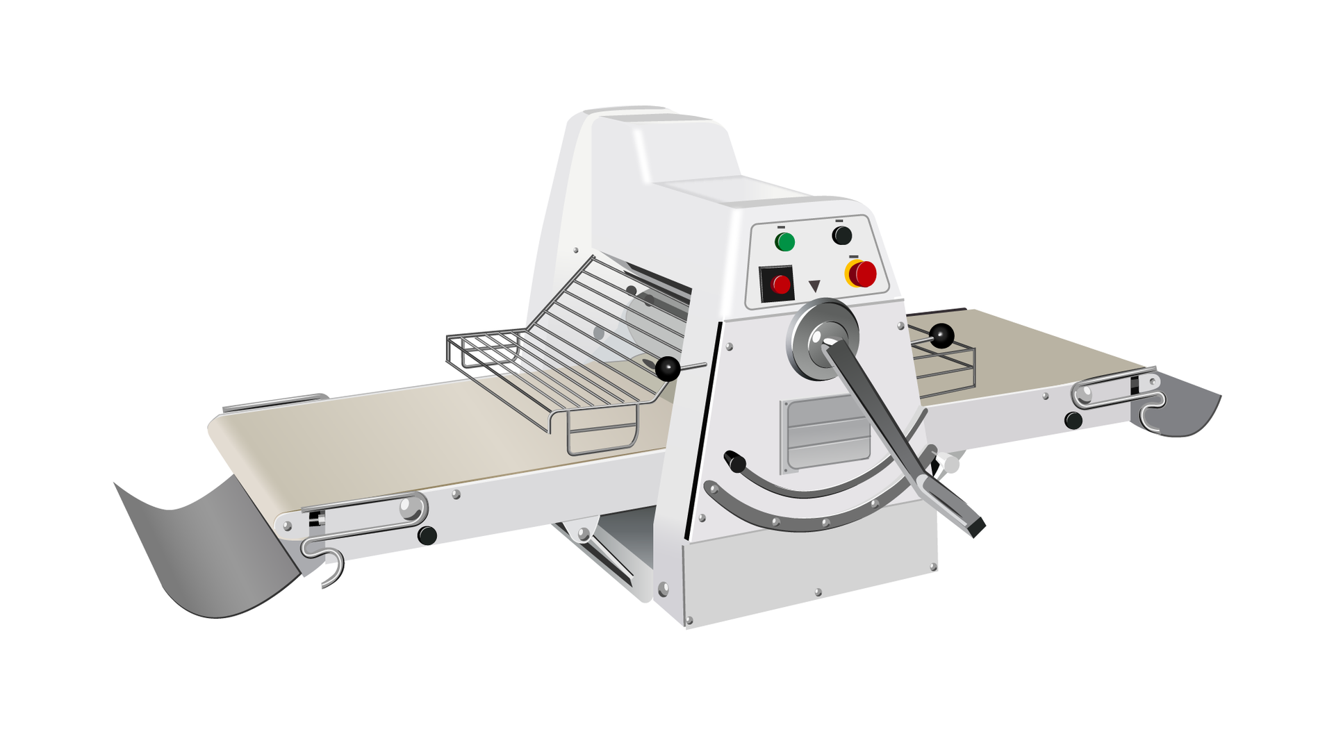 Wałkownica - srebrna maszyna, główną jej częścią jest prostokątna taśma, nad nią znajduje się kratka oraz górna część maszyny. Po prawej stronie znajduje się panel kontrolny z kilkoma guzikami oraz srebrna wajcha.