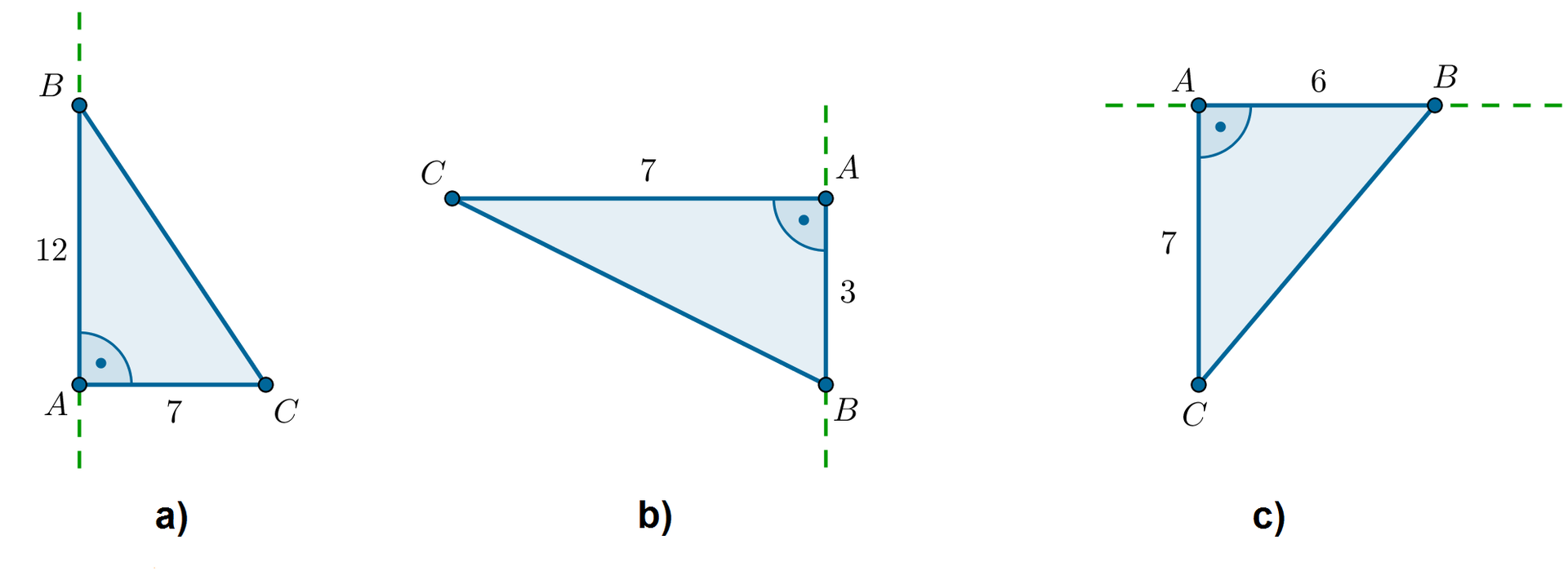 Rysunki trzech trójkątów prostokątnych A B C o kącie prostym przy wierzchołku A. W podpunkcie a, trójkąt ma przyprostokątne długości AB =12, AC=siedem. W podpunkcie b, trójkąt ma przyprostokątne długości AB =3, AC =siedem. W podpunkcie c, trójkąt ma przyprostokątne długości AB =6, AC =siedem. Poprowadzone osie obrotu zawierają przyprostokątną AB trójkątów.