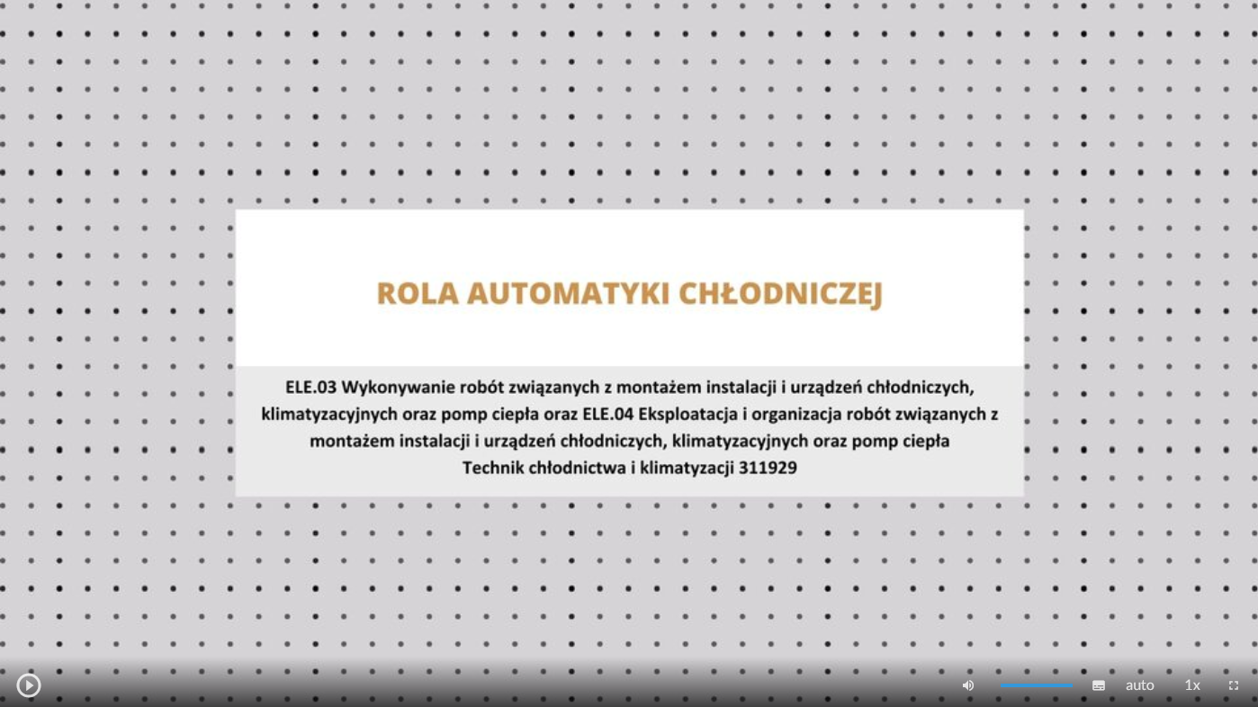 Ilustracja przedstawia wygląd ekranu odtwarzania filmu. W ramce na środku znajduje się tytuł filmu: Rola automatyki chłóowniczej. Na dole ekranu znajdują się ikony z różnymi opcjami. W dolnym lewym rogu widać ikonę trójkąta w kółku. Jest to ikona włączania odtwarzania filmu. Kolejna ikona znajduje się dopiero w połowie ekranu dolnego paska. Jest to ikona megafonu. Obok niej widać niebieski pasek, który oznacza poziom głośności. Obok znajduje się ikona człowieka, od którego głowy odchodzą dwie fale. Umożliwia ona włączanie alternatywnej ścieżki dźwiękowej. Dalej, na dole znajduje się mały biały prostokąt z czarnymi paskami – pozwala na włączenie napisów. Kolejna ikona to napis auto, która umożliwia wybranie jakości filmu. Obok niej widać ikonę jedynki z iksem. Po kliknięciu na nią można wybrać szybkość odtwarzania filmu. Ostatnia ikona to kreski tworzące kwadrat. Tworzą one jedynie krawędzie kwadratu. Jest to opcja włączenia trybu pełnoekranowego.