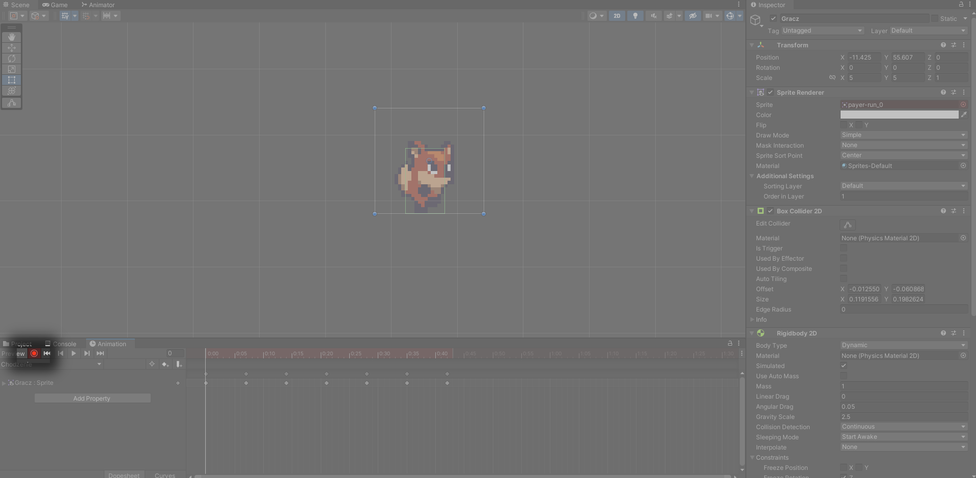 Zrzut ekranu przedstawia grafikę lisa w programie Unity. Lis jest trochę zwrócony w prawą stronę. Wokół centralnej części programu są różne opcje, ikonki, przyciski do edytowania lisa. Zaznaczony jest czerwony przycisk w lewym, dolnym rogu programu.