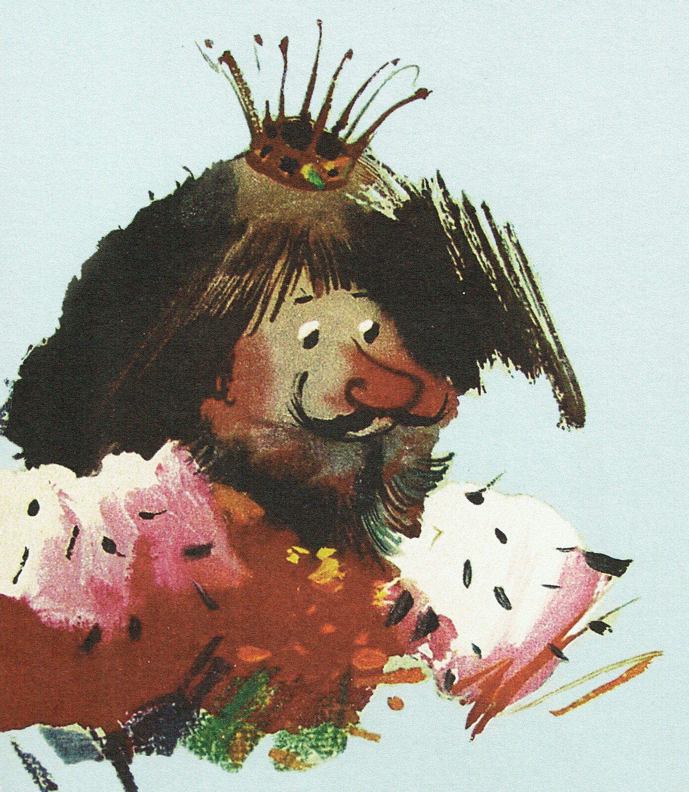 Ilustracja przedstawia pracę Janusza Grabiańskiego z książki Hanny Januszewskiej "Kot w butach". Ukazuje króla w bordowej szacie obszytej futrem z gronostaja. Na jego głowie z bujnymi włosami znajduje się niewielka korona.