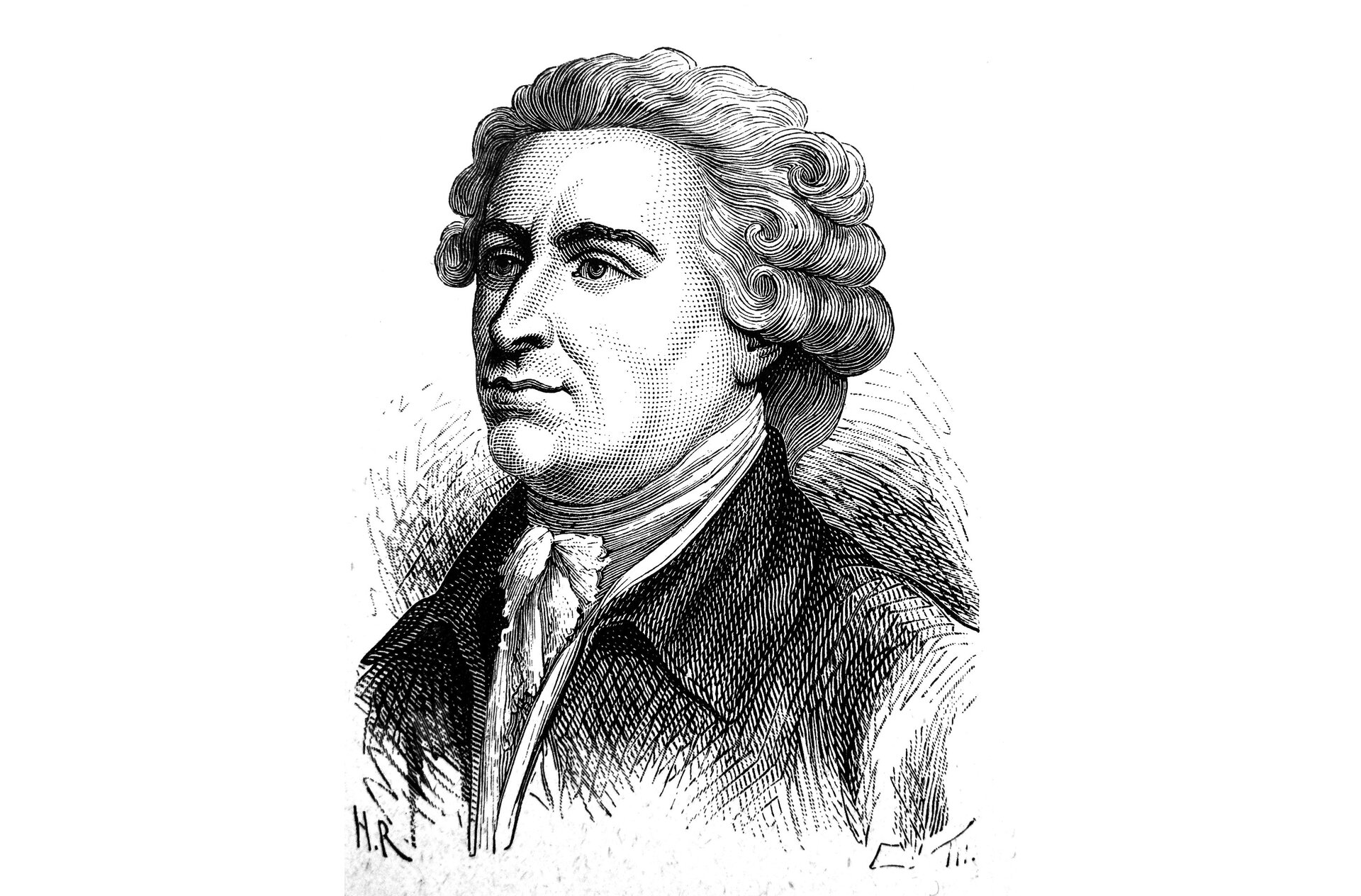 Ilustracja przedstawia portret mężczyzny. Ma on prosty nos, włosy ufryzowane w loki, bruzdy wokół ust oraz marynarkę z apaszką u szyi.