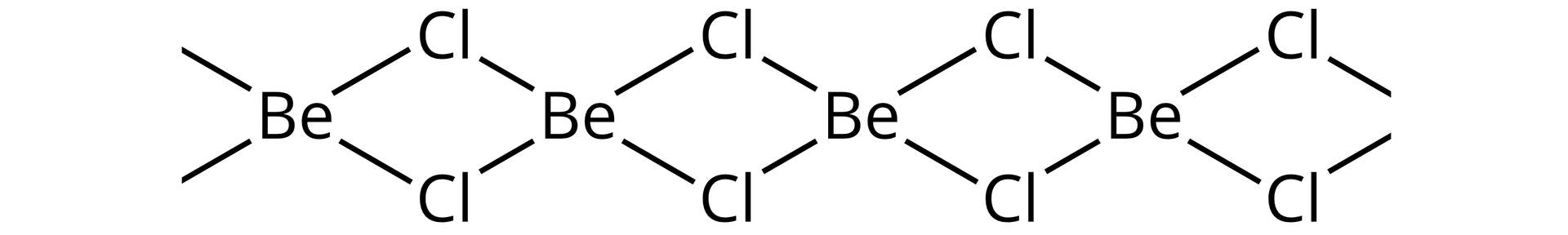Ilustracja przedstawiająca fragment struktury chlorku berylu. Zaznaczono cztery atomy berylu znajdujące się w jednej linii. Pomiędzy nimi rozmieszczone są po dwa tomy chloru jeden powyżej, zaś drugi poniżej linii, w której to osadzone są atomy berylu. Od każdego atomu odchodzą po cztery wiązania do sąsiadujących atomów chloru. Dwa w prawo po skosie do góry i po skosie w dół i dwa w lewo po skosie do góry i po skonie w dół.