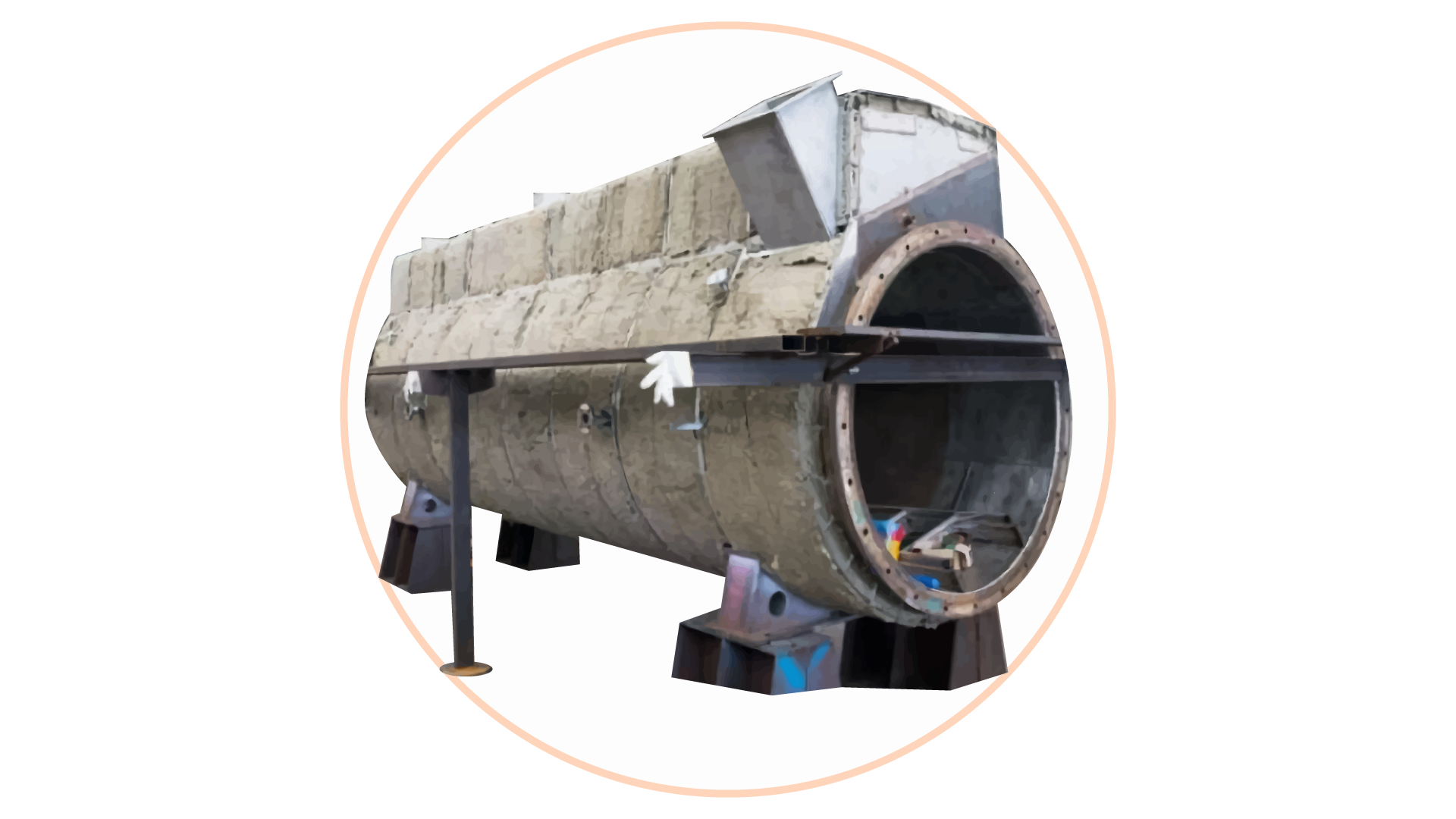 Grafika przedstawia błędnie wykonaną izolację akustyczną maszyny przemysłowej - brak izolacji zewnętrznej. Grafika zawiera fragment maszyny - sporej wielkości rurę, która jest pokryta wełną mineralną, lecz nie zawiera zewnętrznej folii izolacyjnej.