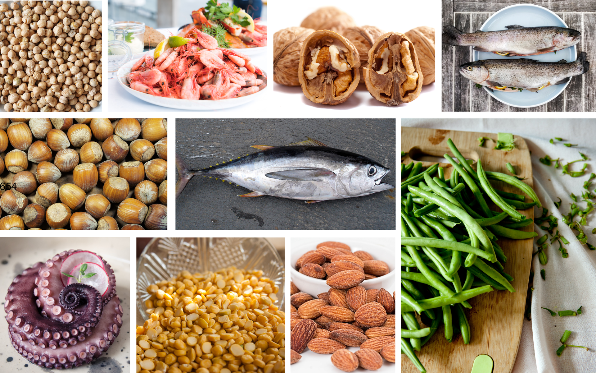 Grafika składa się z dziesięciu zdjęć przedstawiających produkty żywnościowe: orzechy włoskie i laskowe, migdały, ryby, krewetki, ośmiornicę, fasolę strączkową, ciecierzycę, soczewicę.
