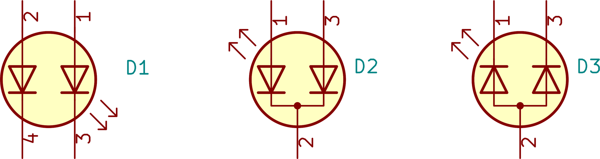 Ilustracja przedstawia trzy symbole elektryczne różnych wariantów diody dwukolorowej ustawione obok siebie. Od lewej mamy diodę D1 samodzielną. Symbol składa się z koła, w którym znajdują się obok siebie dwa równoboczne trójkąty narysowane w ten sposób, że ich podstawy są na górze. Przez wierzchołki obu trójkątów przechodzą krótkie poziome odcinki o długości podstawy tych trójkątów. Odcinki są równoległe do podstaw. Przez koło przechodzą dwie równoległe linie pionowe przechodzące także przez wierzchołki obu trójkątów znajdujących się wewnątrz koła. Część linii nad kołem po lewo podpisana jest cyfrą jeden, część drugiej linii nad kołem, tej po prawo, opisana jest cyfrą 2, część linii znajdująca się pod kołem po lewo opisana jest cyfrą 3, a część drugiej linii, tej po lewo opisana jest cyfrą 4. Przy cyfrze trzy znajdują się dwie ukośne równoległe strzałki z grotami skierowanymi w prawo w dół od koła. Dioda druga D2 ze wspólną katodą WK składa się również z koła i dwóch wpisanych w nie trójkątów z odcinkami przechodzącymi przez wierzchołki trójkątów. Tutaj jednak mamy inaczej biegnące linie przechodzące przez koło. Linia pierwsza przechodzi od góry przez lewy trójkąt i jego wierzchołek, linia opatrzona cyfrą trzy przechodzi równolegle do pierwszej przez prawy trójkąt. Obie linie łączą się linią poziomą wewnątrz koła poniżej trójkątów. Ze środka poziomego połączenia biegnie w dół linia opatrzona cyfrą 2. W miejscu zetknięcia się linii poziomej łączącej i pionowej 2 znajduje się zamalowany punkt. Tutaj też narysowano strzałki, znajdują się one przy linii pierwszej i mają groty skierowane w lewo w górę na zewnątrz koła. Dioda trzecia D3 ze wspólną anodą WA ma niemal taki sam symbol jak dioda D2 z tą jedynie różnicą, że trójkąty wewnątrz koła skierowane są wierzchołkiem do góry, a podstawą do dołu.