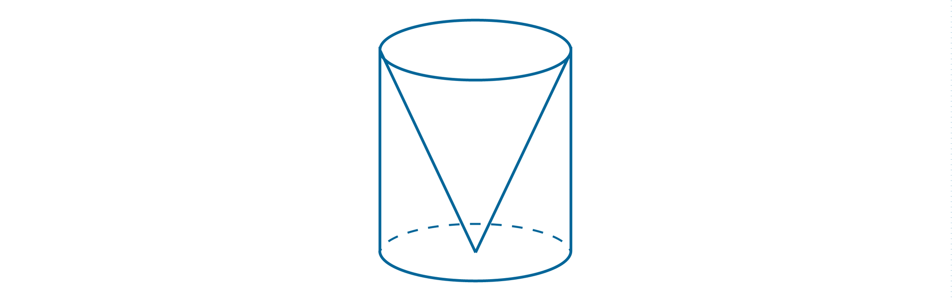 Rysunek walca i umieszczonego w nim stożka. Górna podstawa walca jest także podstawą stożka. Bryły mają te same wysokości i te same średnice podstaw.
