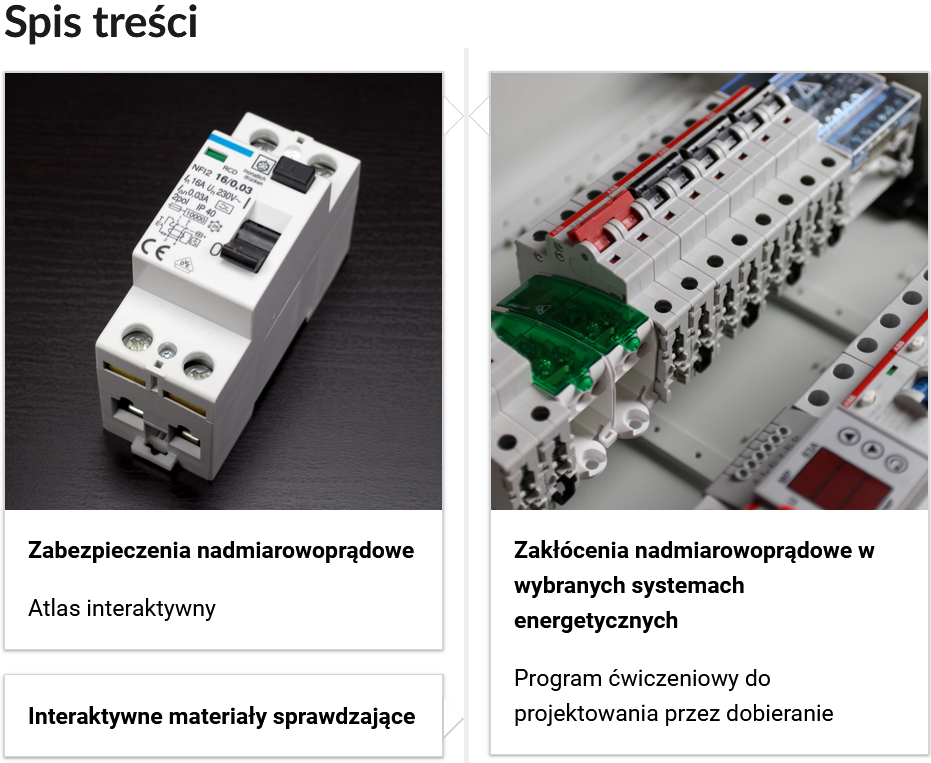 Grafika przedstawia dwa kafelki ze spisu treści. Są umiejscowione obok siebie. Pierwszy od lewej: Zdjęcie okładkowe, poniżej napis: Zabezpieczenia nadmiarowoprądowe. Niżej napis: Atlas interaktywny. Drugi: zdjęcie okładkowe, poniżej tytuł: Zakłócenia nadmiarowoprądowe w wybranych systemach energetycznych. Niżej: Program ćwiczeniowy do projektowania przez dobieranie.