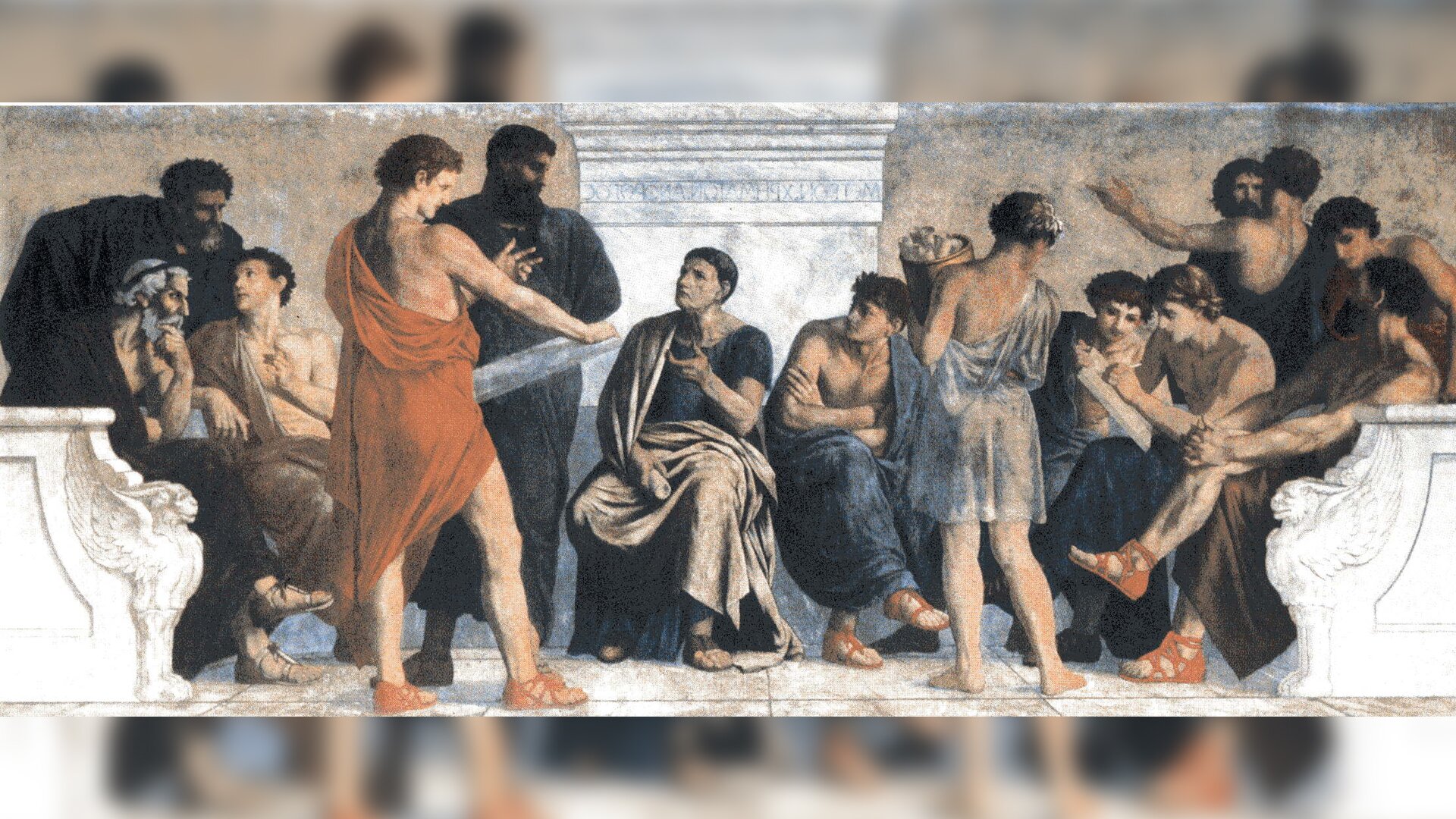 Fresk przedstawia czternastu mężczyzn w togach, którzy siedzą, stoją w pomieszczeniu. Mężczyźni rozmawiają ze sobą, niektórzy z nich gestykulują.