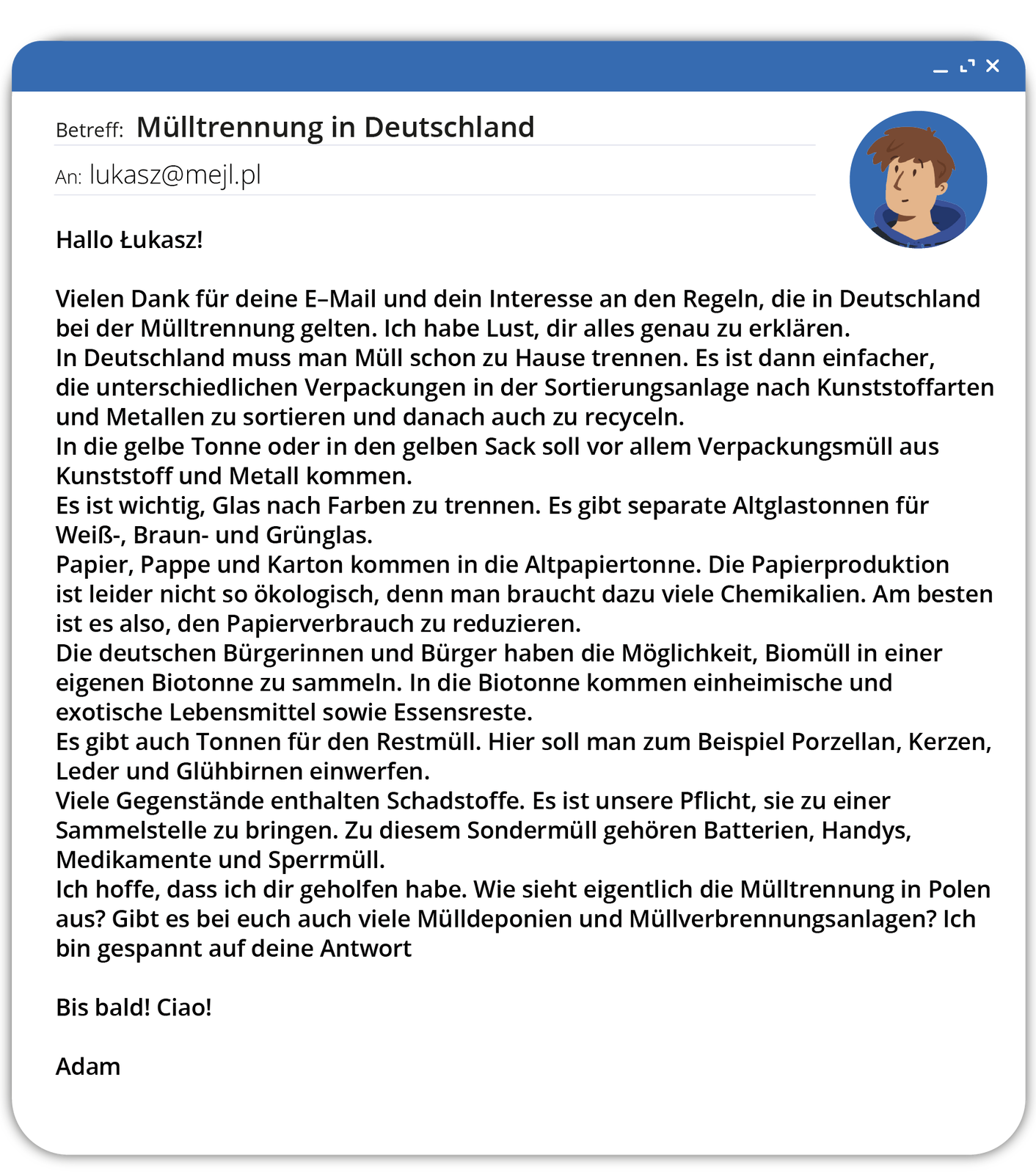 Ilustracja przedstawia interfejs poczty elektronicznej, gdzie widoczne jest okno z treścią wiadomości. Tekst dostępny w transkrypcji poniżej.