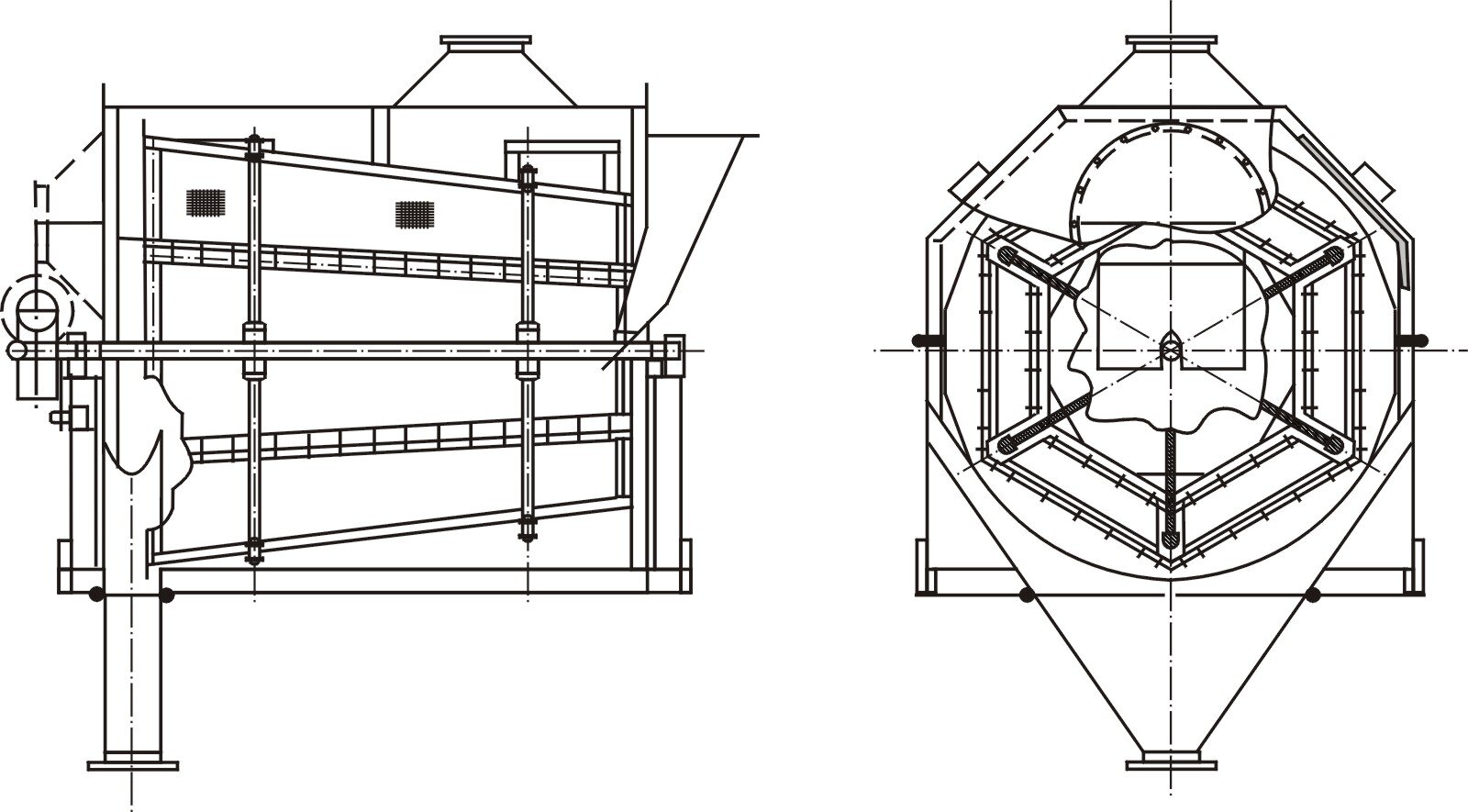 Sito poligonalne.
Na fotografii przedstawione zostało zdjęcie sita poligonalnego od środka. Jest to urządzenie, które wewnątrz ma zamontowane sito zamknięte, w kształcie sześciokąta. Widoczne sito się obraca w celu przesiana materiałów.