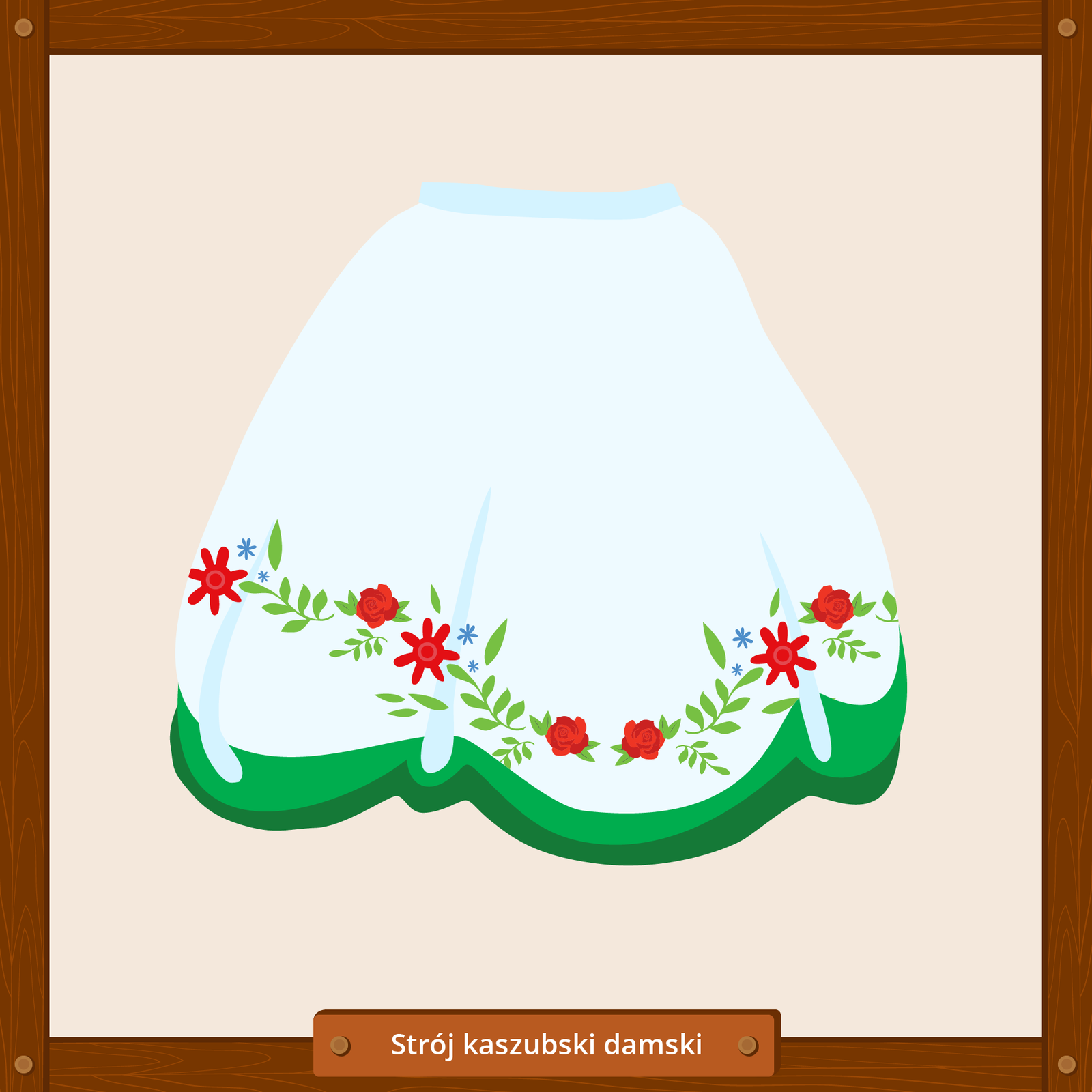 Ilustracja przedstawia element stroju kaszubskiego damskiego, jakim jest biały fartuch. W dolnej części posiada wzór przedstawiający czerwone kwiaty i zielone liście.