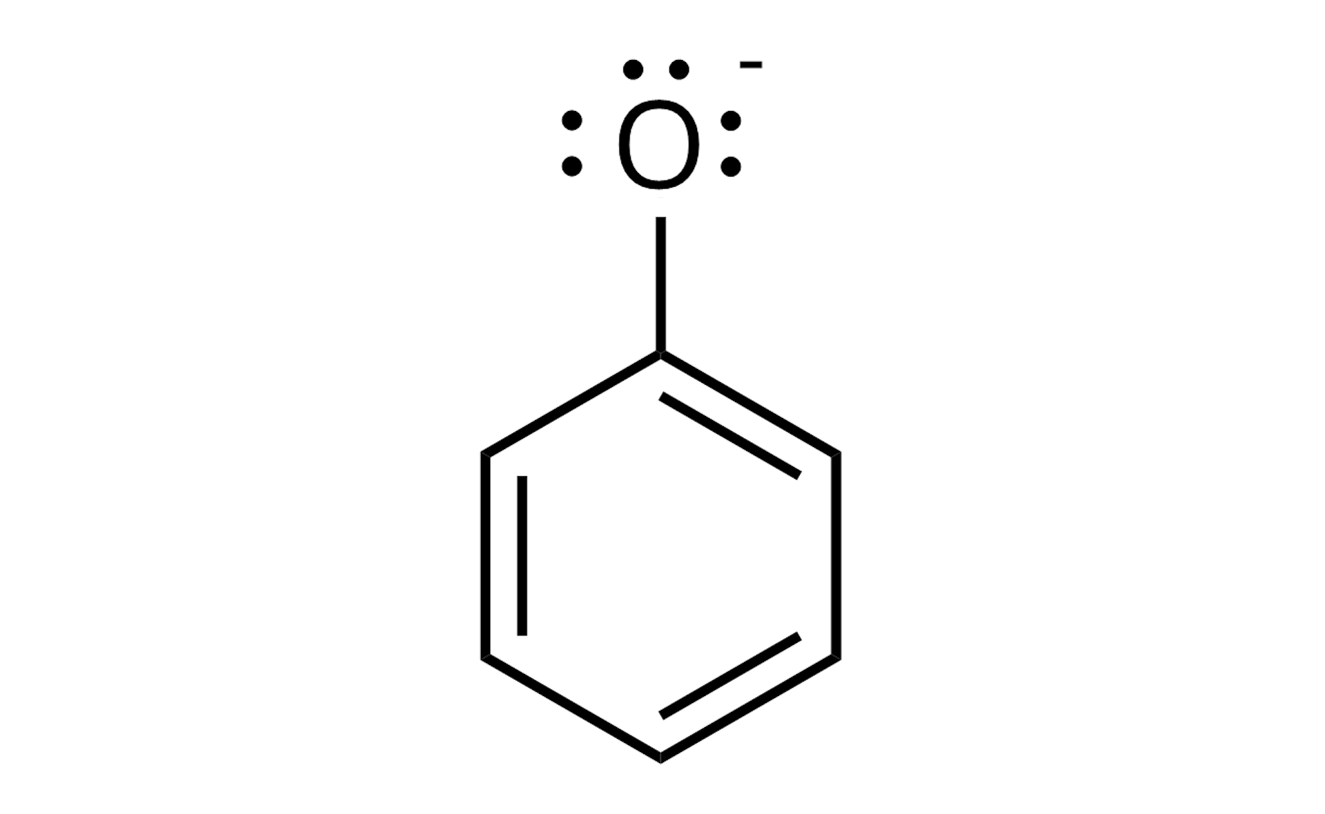 Ilustracja przedstawiająca anion fenolanowy, który to zbudowany jest z sześcioczłonowego, aromatycznego pierścienia fenylowego, w którym co drugie wiązanie zaznaczono jako podwójne (w sumie trzy wiązania podwójne i trzy wiązania pojedyncze). Pierścień ten podstawiony jest atomem tlenu, który to posiada trzy wolne pary elektronowe i zaznaczono na nim za pomocą minusa ładunek ujemny.