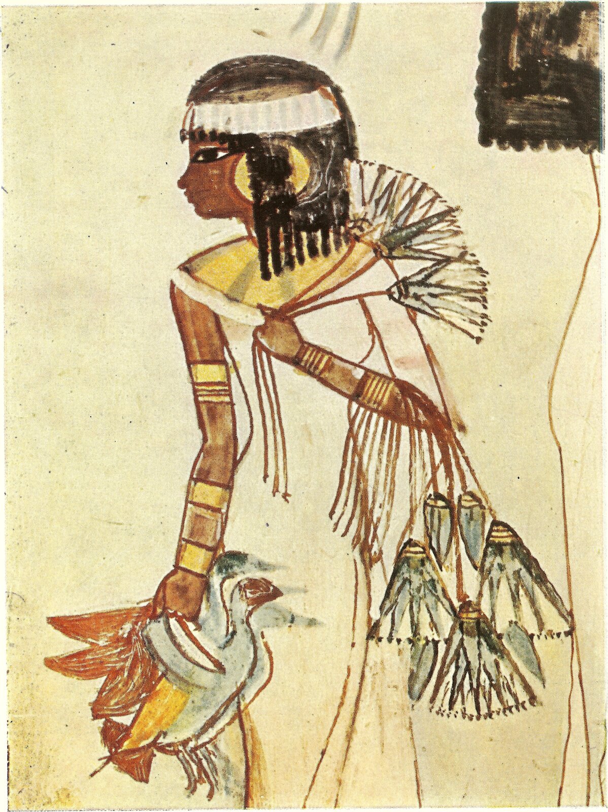 Ilustracja przedstawia fragment malowidła nagrobku Menny, na którym przedstawiono córkę myśliwego ubraną w jasne szaty trzymającą w prawej ręce ptaki. Na głowie ma białą przepaskę. W lewej ręce trzyma sznurki z frędzlami.