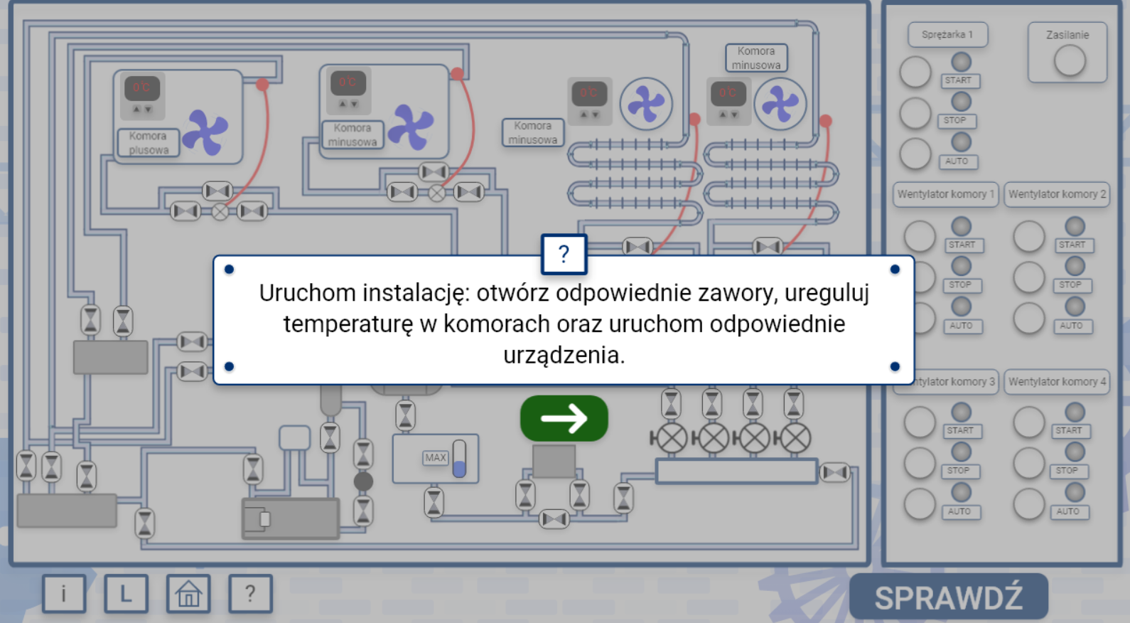 Grafika przedstawia widok na przykładowe polecenie wyświetlające się po uruchomieniu symulatora. Polecenie znajduje się w prostokątnym oknie. Poniżej widać strzałkę z napisem dalej. W tle widać wygaszony symulator.