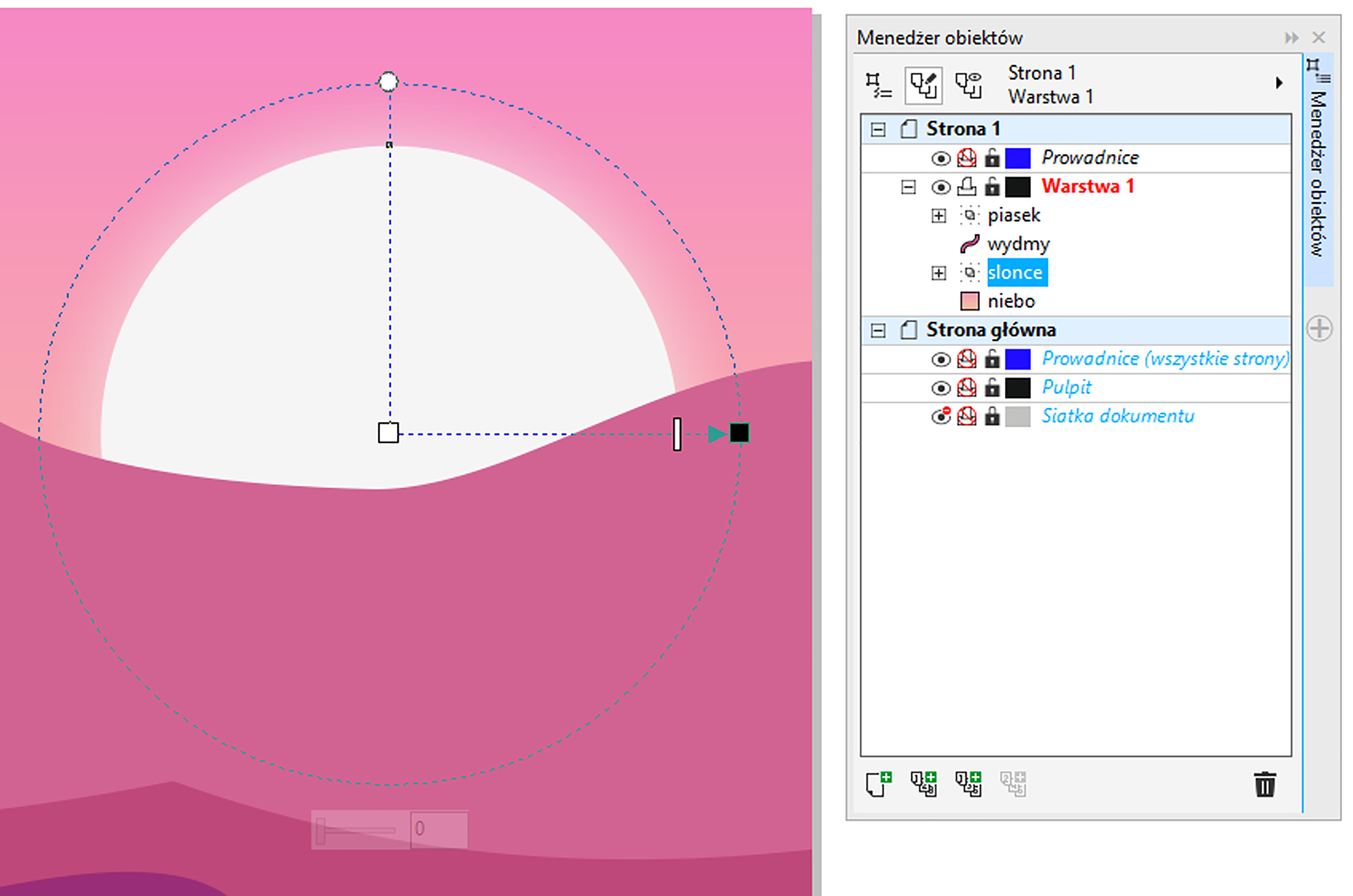 Zdjęcie przedstawia "Menedżer obiektów" po prawej stronie: okno po prawej: "Strona 1" (rozwinięte):   "Prowadnice",   na czerwono "Warstwa 1" (rozwinięte):     "pasek" (zwinięte menu)     "wydmy",     "slonce" (zwinięte menu),     "niebo";     (koniec menu "Warstwa 1"),   (koniec menu "Prowadnice"), (koniec menu "Strona 1") "Strona główna" (rozwinięte):   "Prowadnice (wszystkie strony)",   "Pulpit",   "Siatka dokumentu", (koniec menu "Strona główna"). Gradient kolorów od pomarańczowego do różowego, idący od dołu ku górze w tle. Na gradiencie ułożono kształty:   1 kształt jest ciemniejszy przypomina opadające fale morskie,   2 kształt jest lekko jaśniejszy, lecz nadal ciemniejszy od tła,     jest to prosta linia na górze, która wznosi się do pojedynczego wierzchołka znajdującego się po środku ekranu, następnie opada tak samo jak wzrostła.   3 kształt to wielki falujący górną krawędzią obszar,     którego dolne krawędzie to 3 ścianki prostokąta.     Obszar umieszono pod poprzednimi.   4 kształt to słońce, które umieszczono w tle, za wydmami,     jest białym kołem.