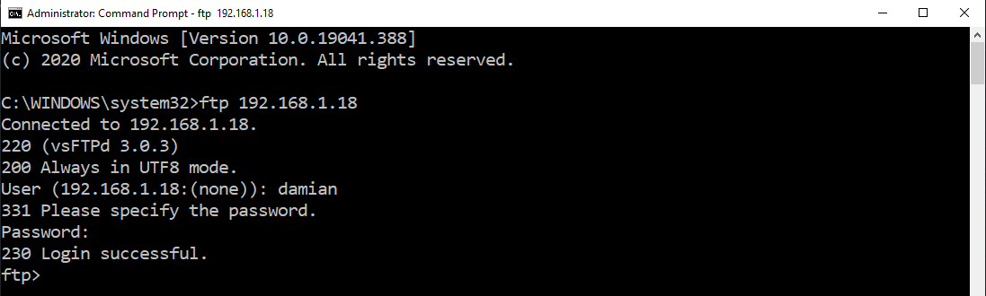 Zrzut ekranu przedstawia połączenie z serwerem FTP poprzez konsolę Windows. Po wpisaniu komendy: ftp 192.168.1.18 otrzymano odpowiedź: Connected to 192.168.1.18. 220 (vsFTPd 3.0.3) 200 Always in UTF8 mode. User (192.168.1.18:(none)): damian 331 Please specify the password. Password: 230 Login Successful.