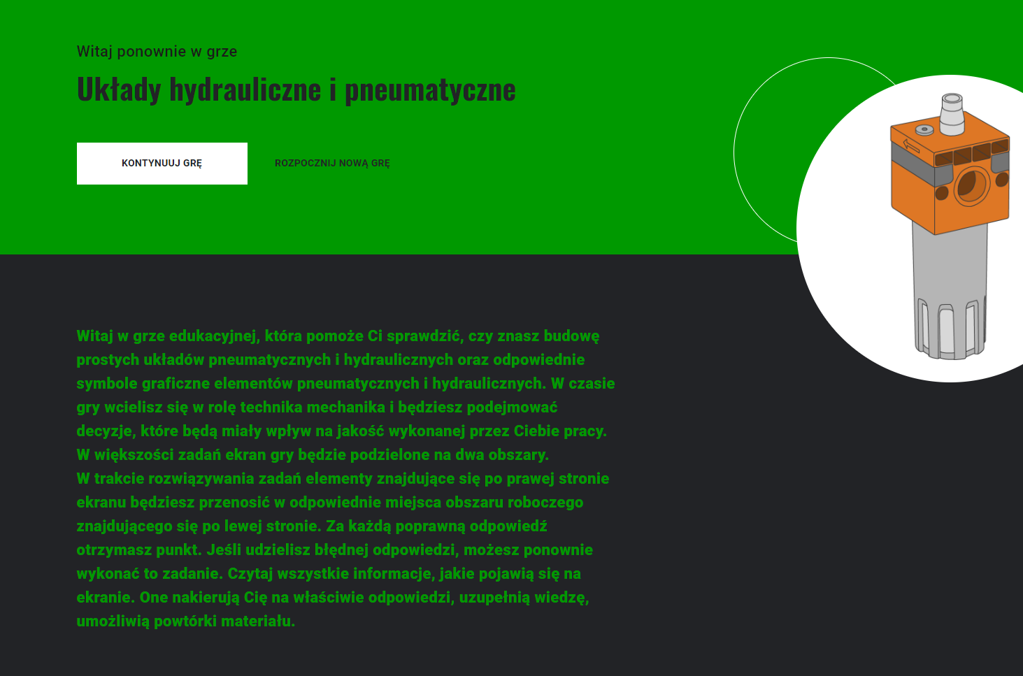 Przykładowy ekran wstępny gry edukacyjnej z instrukcją.