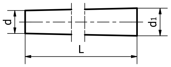 Na ilustracji przedstawiony jest wlew główny, który ma kształt podobny do długiego, wąskiego prostokąta z dłuższą podstawą na dole. Od lewej strony do prawej szerokość elementu się zwiększa. Na rysunku jest oznaczona długość wlewu duża literą L oraz dwie średnice literką d i d z cyfrą 1. 
W połowie wlew jest przecięty przez dwie linie przerywane. 
