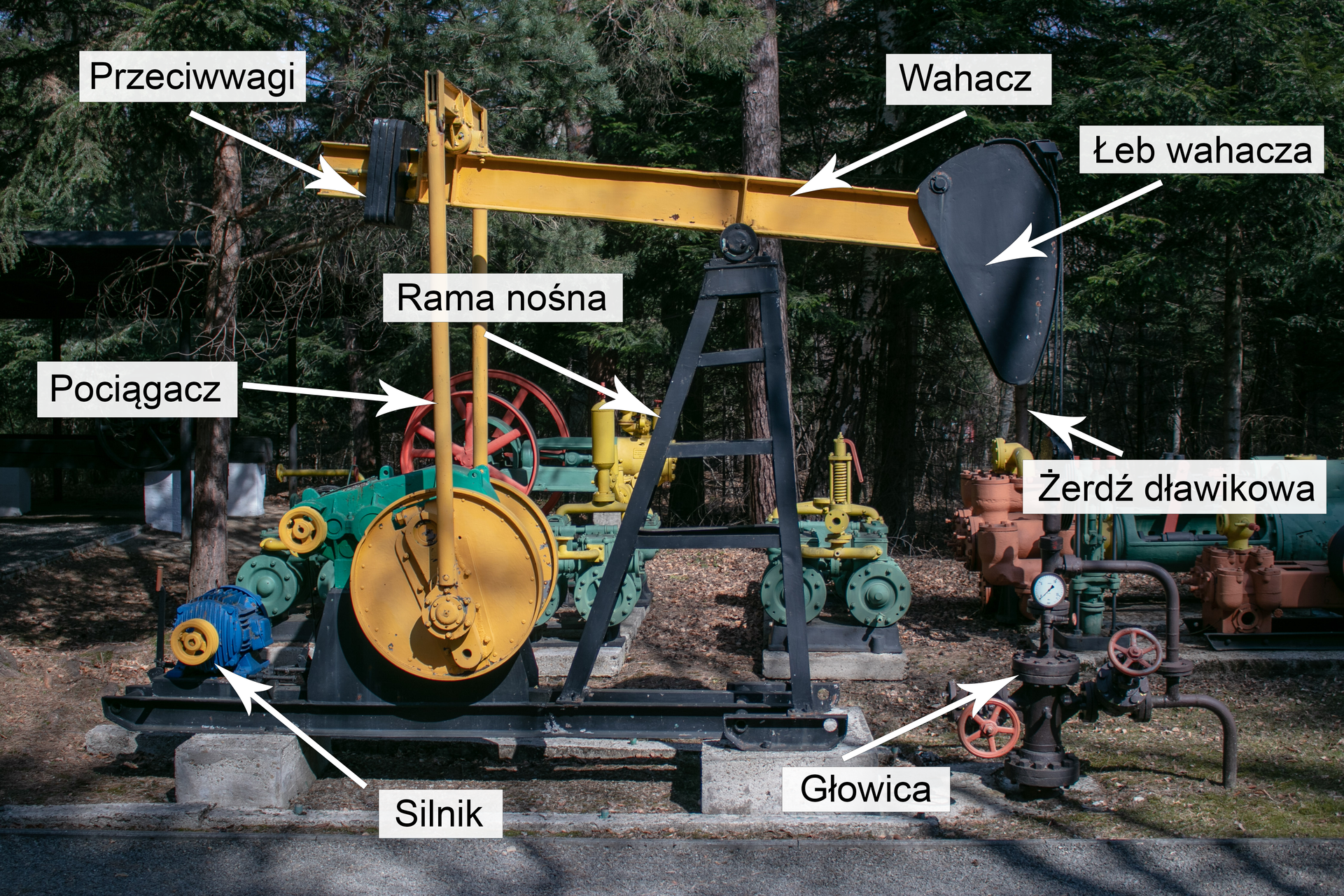 Na zdjęciu widać indywidualny żuraw pompowy. Kiwon jest rodzajem pompy wykorzystywanej do pompowania ropy naftowej ze złoża niskiego ciśnienia, montowana przy wylocie otworu wiertniczego z którego wydobywana jest ropa za pomocą pompy wgłębnej.U góry żurawia znajduje się długie, żółte ramię zwane wahaczem. Jest on przymocowany do podłoża za pomocą czarnej ramy nośnej w kształcie dużej litery A. Z prawej strony ramienia umieszczony jest czarny łeb wahacza. Wahacz wraz z ramieniem tworzy element o kształcie prostokąta. Łeb widoczny po prawej stronie ekranu połączony jest z głowicą za pomocą czarnych linek określanych mianem żerdzi dławikowej. Głowica jest naziemną częścią odwiertu, która ma bezpośredni kontakt z podłożem. Jest to czarny słupek, z ciśnieniomierzem oraz dwoma czerwonymi korbami zaworu. Z lewej strony wahacza znajdują się czarne prostokątne ciężary nazywane przeciwwagą. Obok przeciwwagi do wahacza przymocowana jest żółta rama w kształcie prostokąta składająca się z dwóch żółtych rur, w orientacji pionowej, zwanych pociągaczami. Pociągacze są przymocowane do żółtych kół zamachowych znajdujących się po obu stronach żurawia. W tylnej części żurawia znajduje się niebieski silnik z żółtą korbą. Silnik jest o kształcie niebieskiego cylindra na powierzchni którego znajduje się harmonijkowy kształt.Do każdego z opisywanych elementów poprowadzona jest strzałka łącząca biały prostokąt w którym znajduje się czarny opis elementu