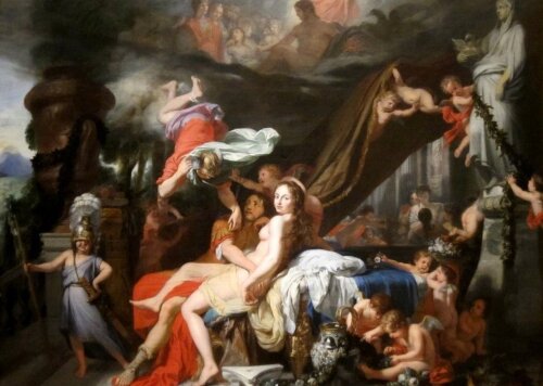 Obraz przedstawia skupisko postaci. W jego centrum znajduje się patrząca wprost na obserwatora naga kobieta. Znajduje się w pięknej komancie. Wokół niej umieszczono postaci skrzydlatych dzieci. Sama kobieta siedzi na kolanach mężczyzny. The picture shows the cluster of characters. In the center there is a naked woman looking straight at the observer. He is in a beautiful komancie. Around her are the figures of winged children. The woman herself is sitting on the man's lap.