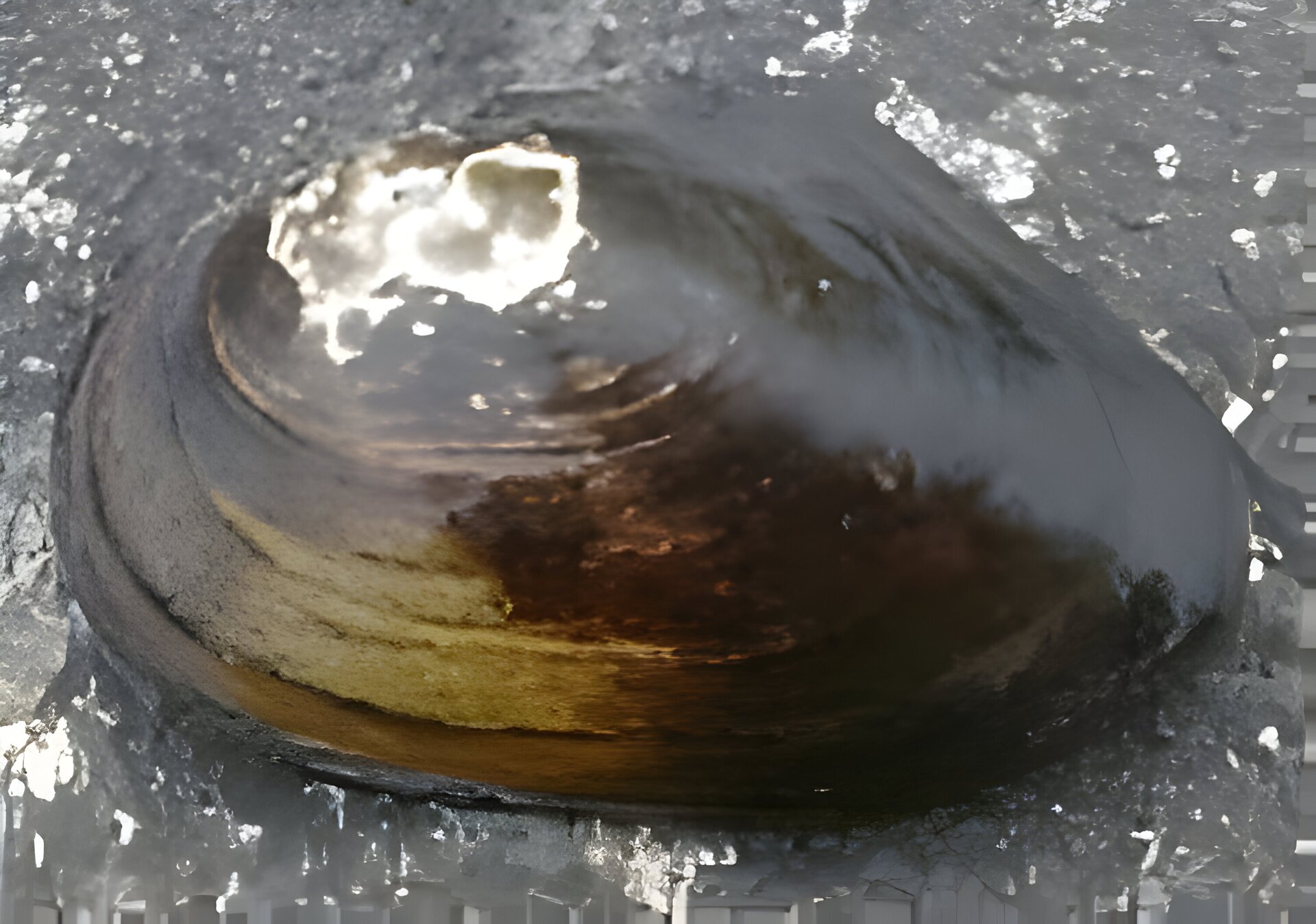 Zdjęcie przedstawia małża leżącego na szarym asfalcie. Jest okrągły i ma błyszczącą beżowo‑brązową skorupę.