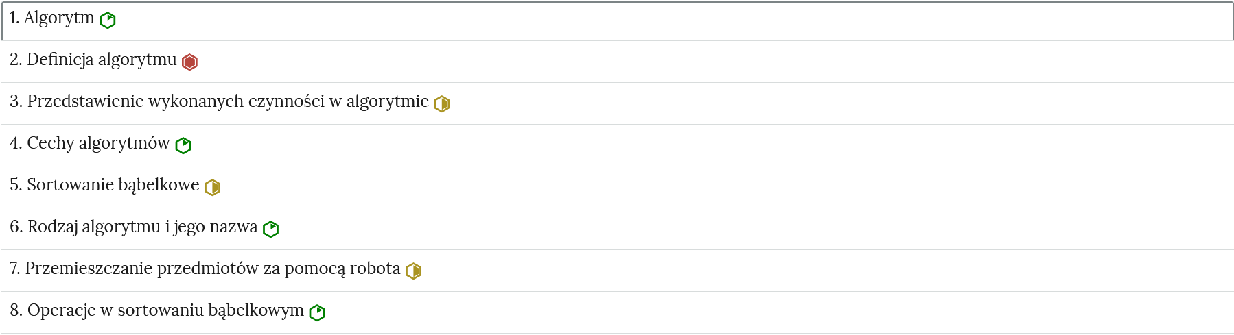 Przykładowy wygląd zakładek zawierających interaktywne materiały sprawdzające. Na ilustracji jest to rząd umieszczonych pod sobą ćwiczeń wraz z ich tytułami. Każde ćwiczenie, po prawej stronie od tytułu posiada znaczek określający poziom trudności.