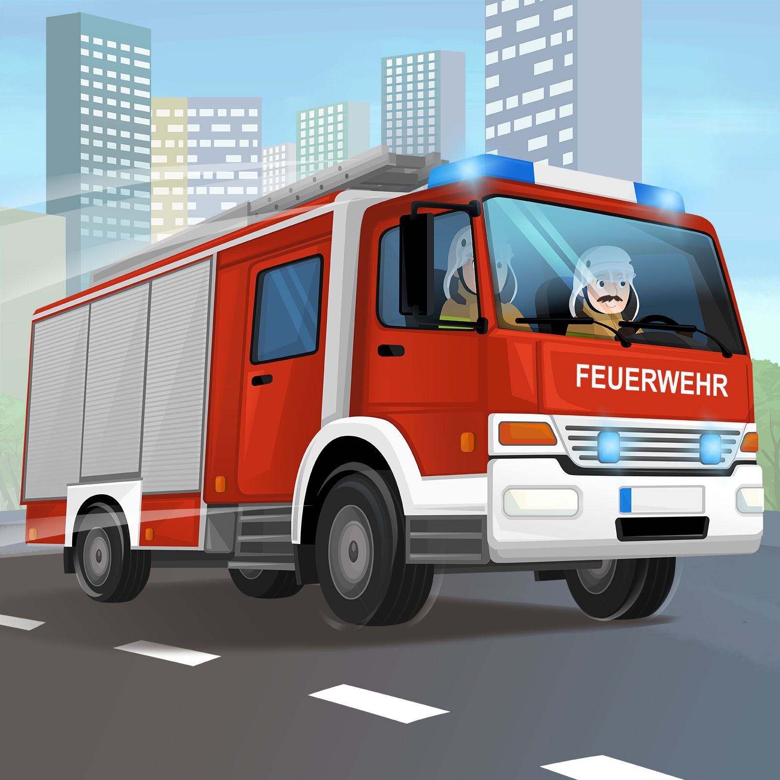 Ilustracja przedstawia dwóch strażaków, którzy jadą wozem strażackim na sygnale.