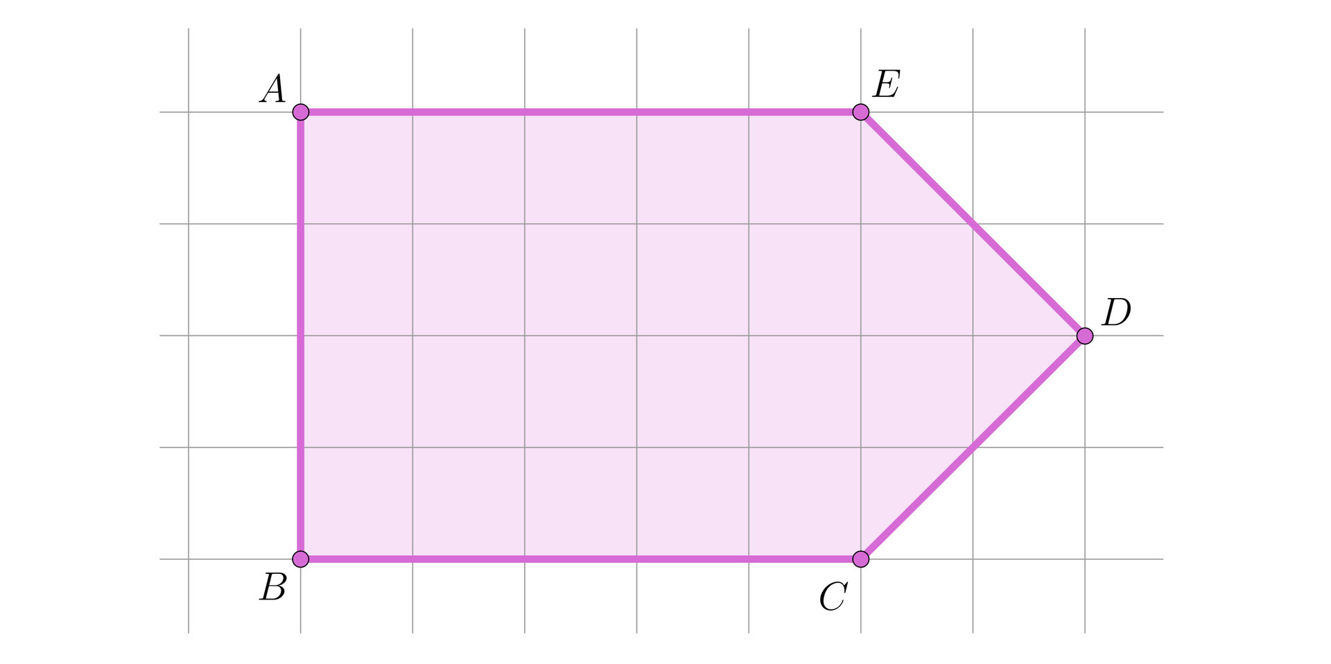 Ilustracja przedstawia kartkę w kratkę, na której narysowano pięciokąt o wierzchołkach A B C D, przy czym krawędź AB jest pionowa i ma długość czterech kratek, krawędź AE jest pozioma, biegnie w prawą stronę i ma długość pięciu kratek. Krawędź BC jest równoległa do krawędzi AE i również ma długość pięciu kratek. Odcinek ED biegnie ukośnie, po przekątnej kratek przesuwając się od punktu e dwie kratki w dół i dwie kratki w prawo, natomiast krawędź CD biegnie ukośnie po przekątnych kratek przesuwając się o dwie kratki do góry i dwie kratki w prawo.