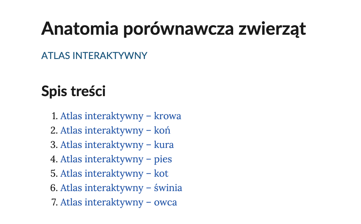 Przykładowy interaktywny spis treści umożliwiający nawigowanie w ramach atlasu interaktywnego