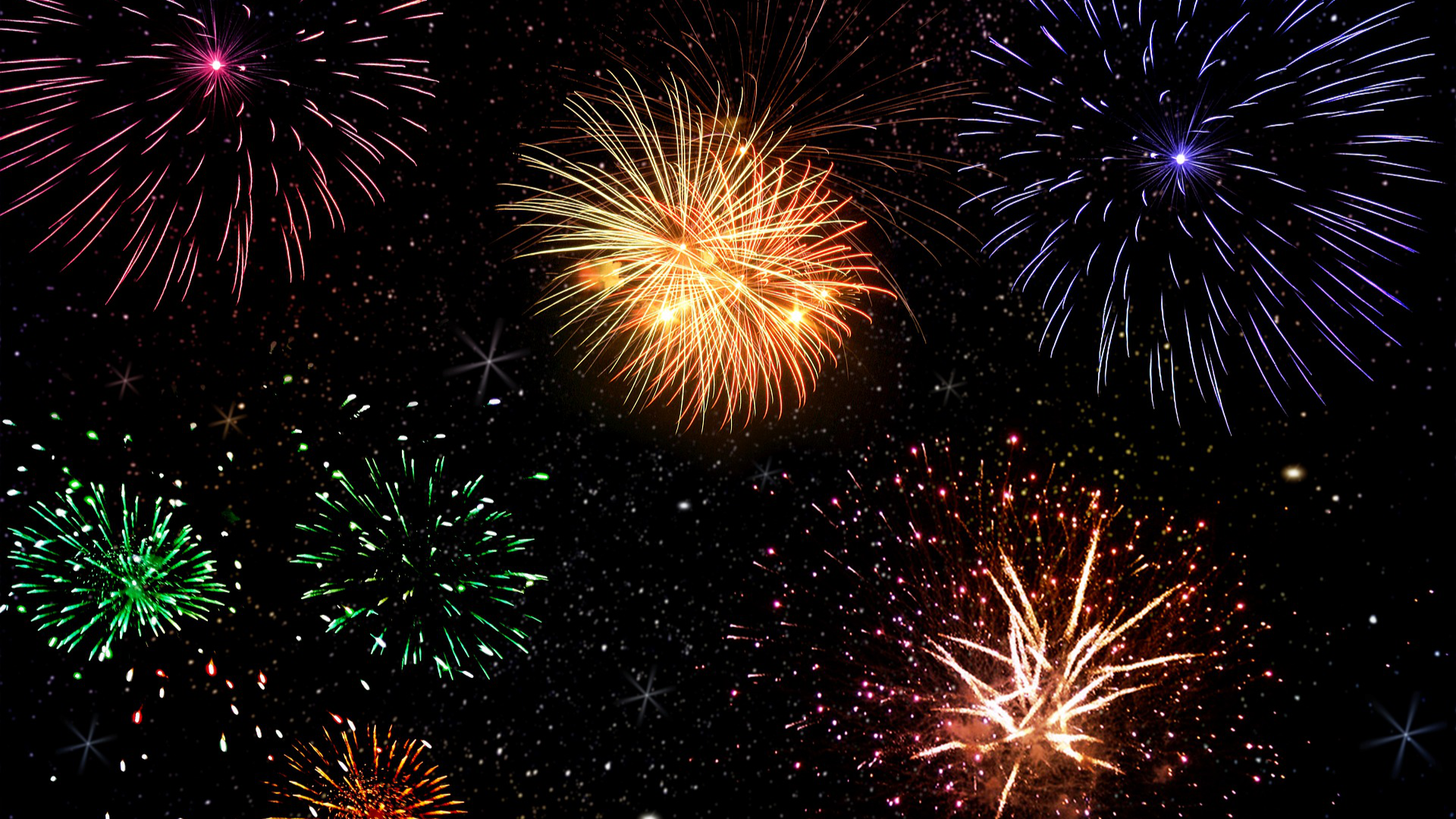 Zdjęcie przedstawia nocne niebo rozświetlone fajerwerkami.