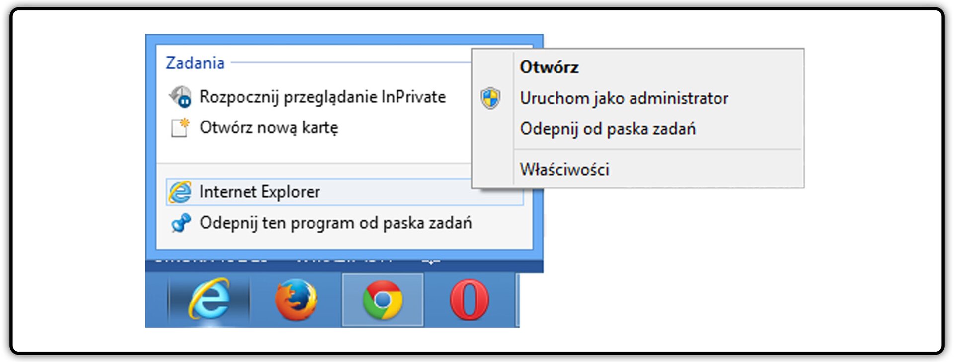 Zrzut okna menu kontekstowego przeglądarki Internet Explorer