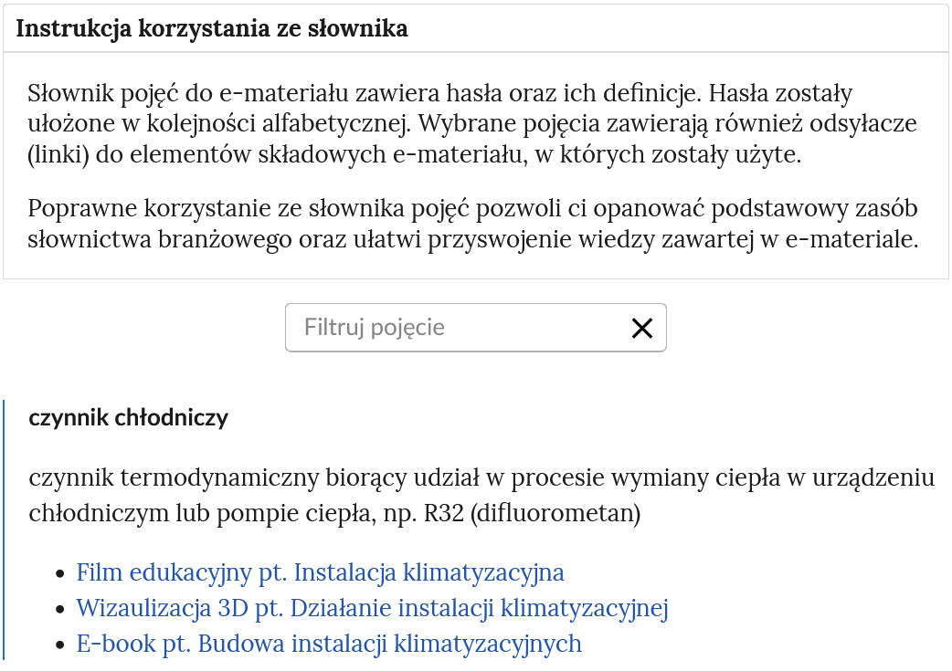Przykładowy widok otwartej zakładki instrukcji korzystania ze słownika. Pod nazwą zakładki znajduje się prostokątny panel filtruj pojęcie i znak iks. Niżej jest hasło oraz jego definicja.