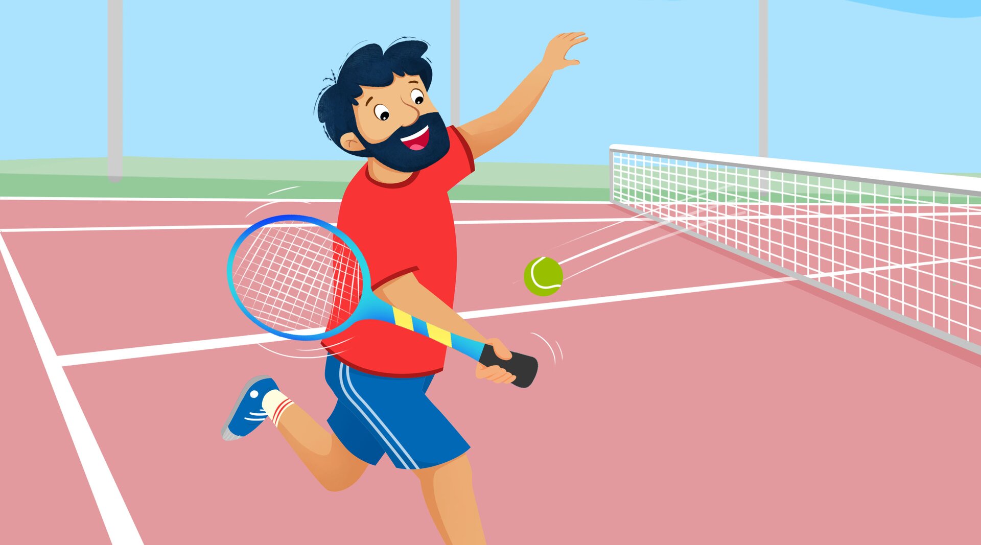 Na ilustracji znajduje się mężczyzna, który gra w tenisa.