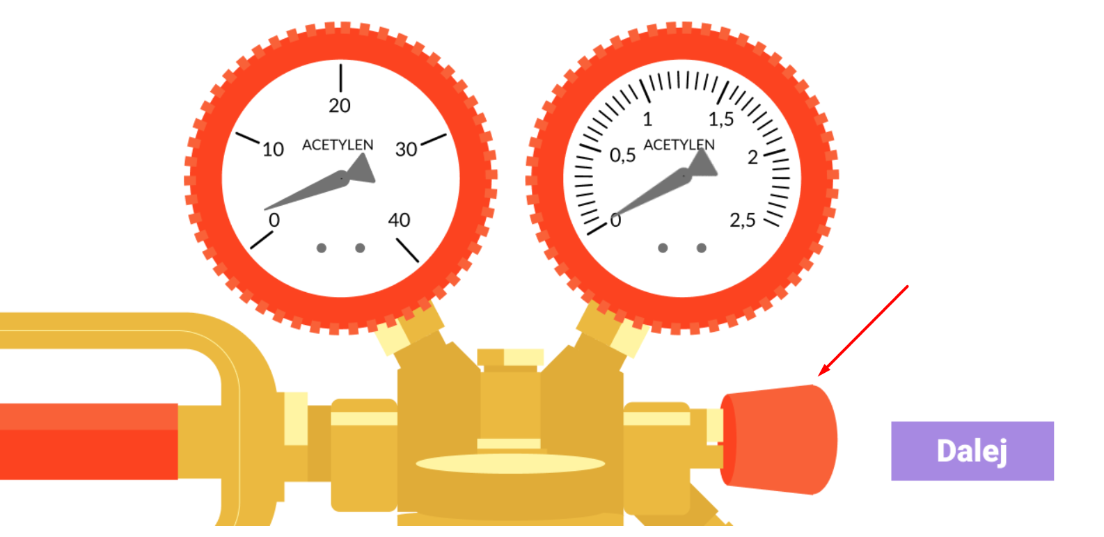 Grafika przedstawia widok na liczniki acetylenu. Poniżej widać pokrętło, na które należy klikać, by ustawić odpowiednią wartość. Na pokrętło wskazuje czerwona strzałka. 