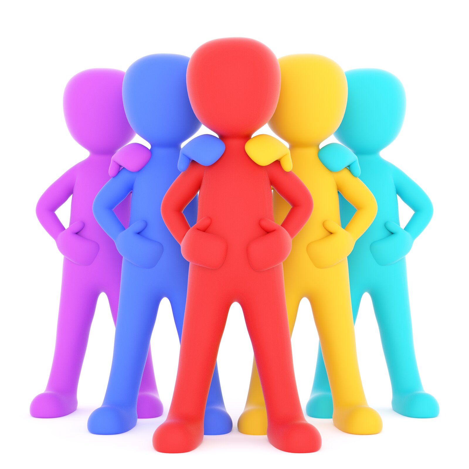 Ilustracja przedstawia figurki pięciu postaci wykonanych z modeliny. Model w kolorze czerwonym stoi najbliżej obiektywu, za nim stoją po lewej stronie model w kolorze niebieskim, po prawej stronie model w kolorze żółtym. Za modelem w kolorze niebieskim stoi model w kolorze fioletowym, za modelem w kolorze żółtym stoi model w kolorze morskim. 