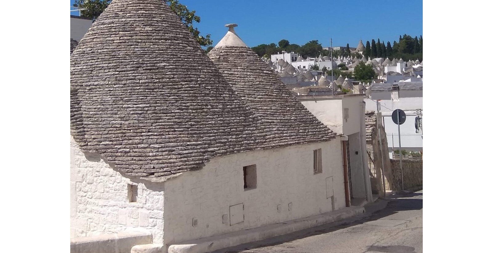 Zdjęcie przedstawia białe domy kryte strzechą we włoskim miasteczku Alberobello.