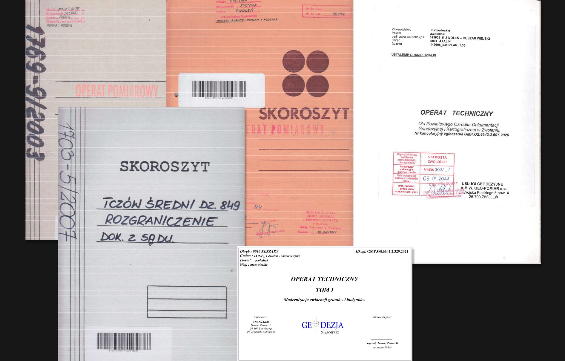 Na zdjęciu przedstawiono materiały państwowego zasobu geodezyjnego i kartograficznego w formie dokumentów typu operaty pomiarowe, operaty techniczne oraz skoroszytu zawierającego dokumentację działki.