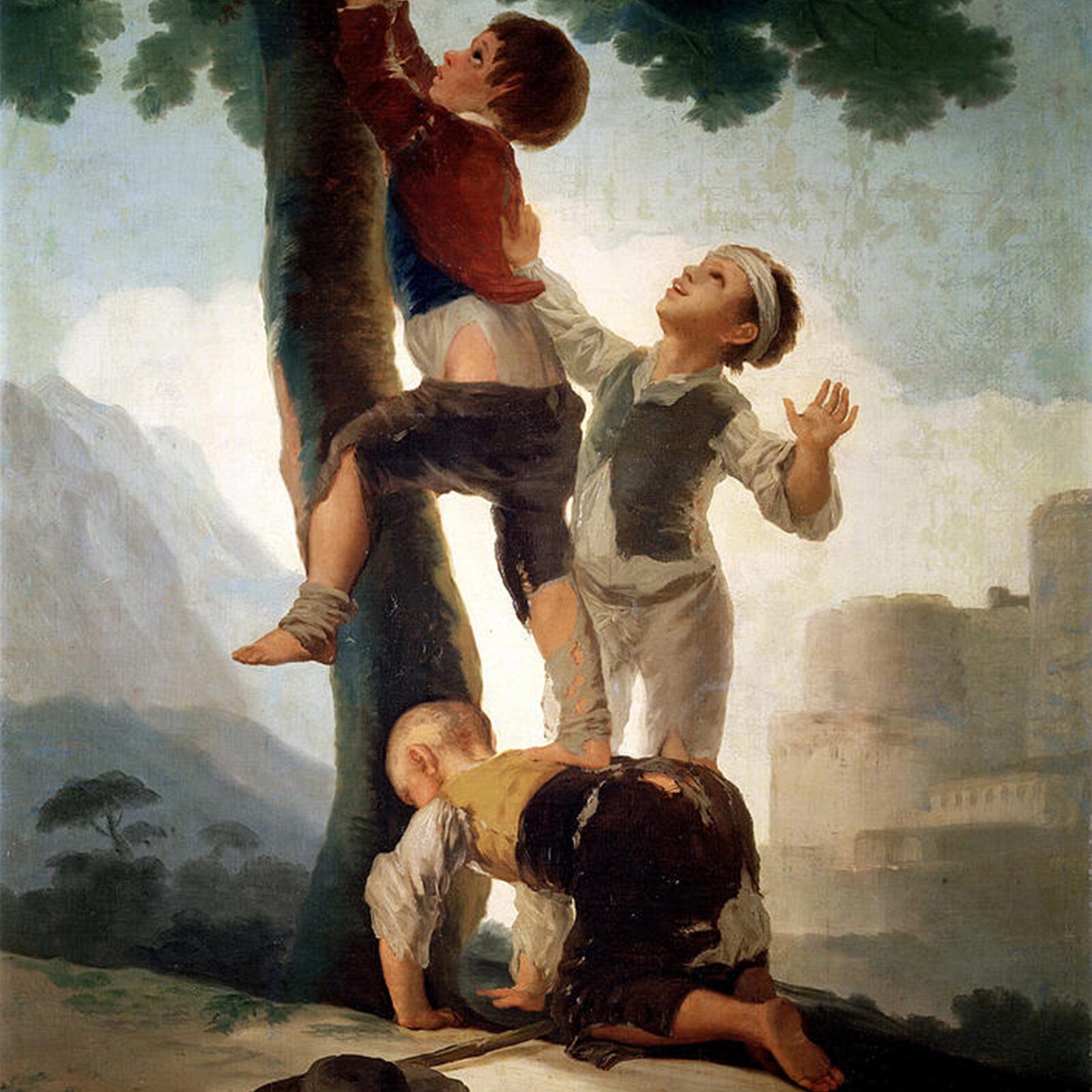 Na pierwszym planie, w centrum obrazu znajduje się trójka dzieci, które chcą wspiąć się na drzewo i pomagają sobie nawzajem. Przed dziećmi leży kapelusz i kij. W tle po prawej stronie widoczne jest miasto, a po lewej góra. Obraz ma jasne kolory i jest wesoły.