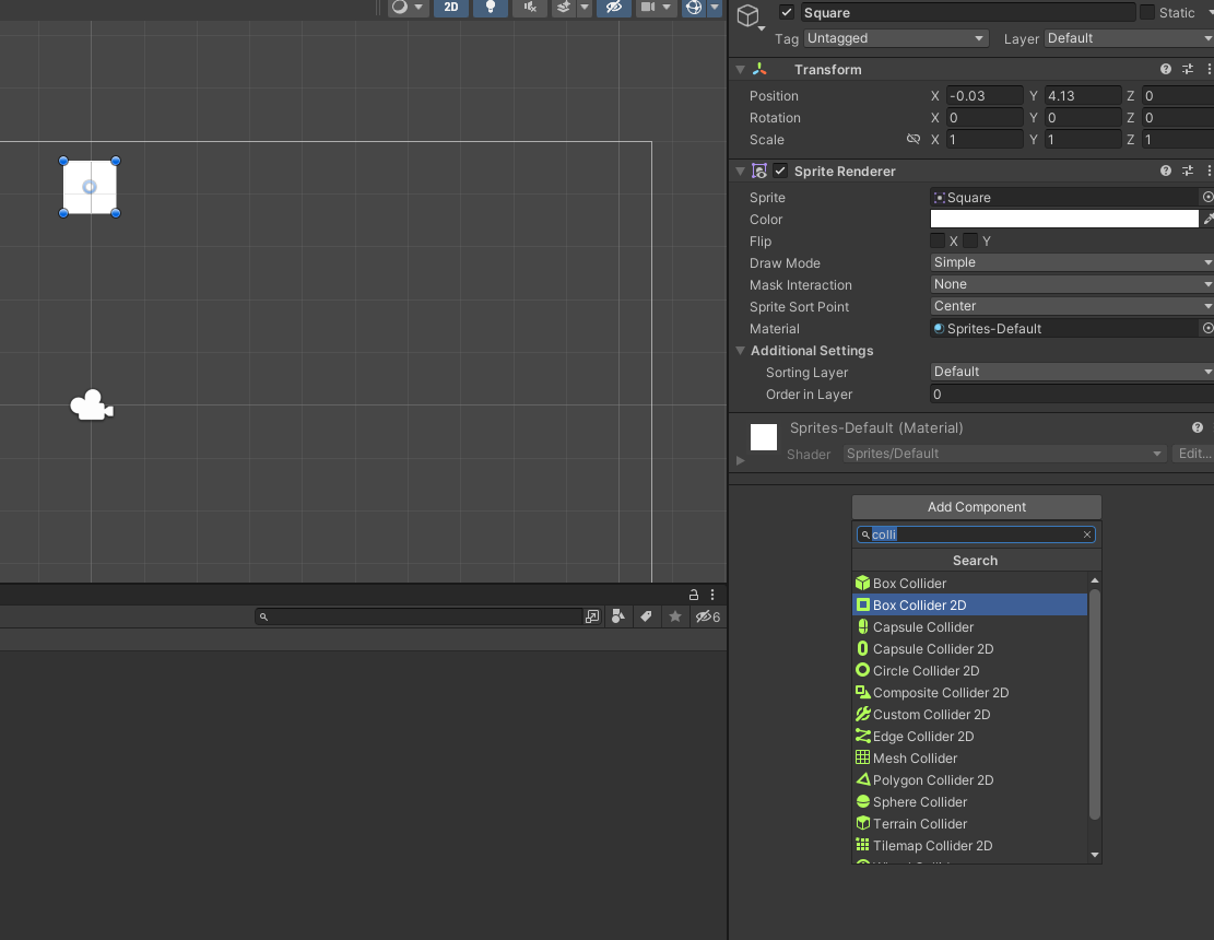 Ilustracja przedstawia obszar gry. Po prawej stronie okno AddComponent. Z listy wybrano Box Collider 2D. W obszarze gry jest biały kwadrat.  