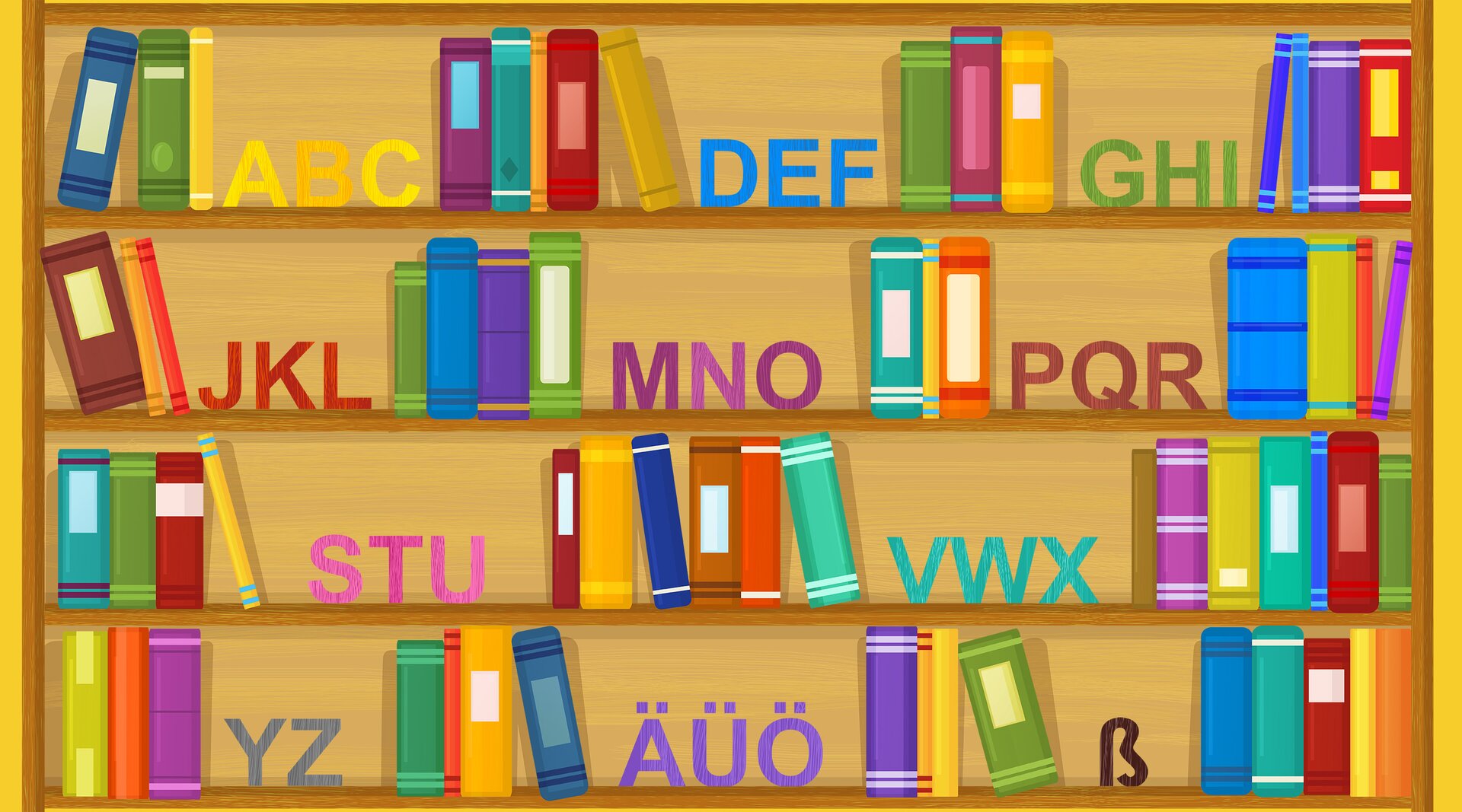 Ilustracja przedstawia książki ułożone alfabetycznie na regale.